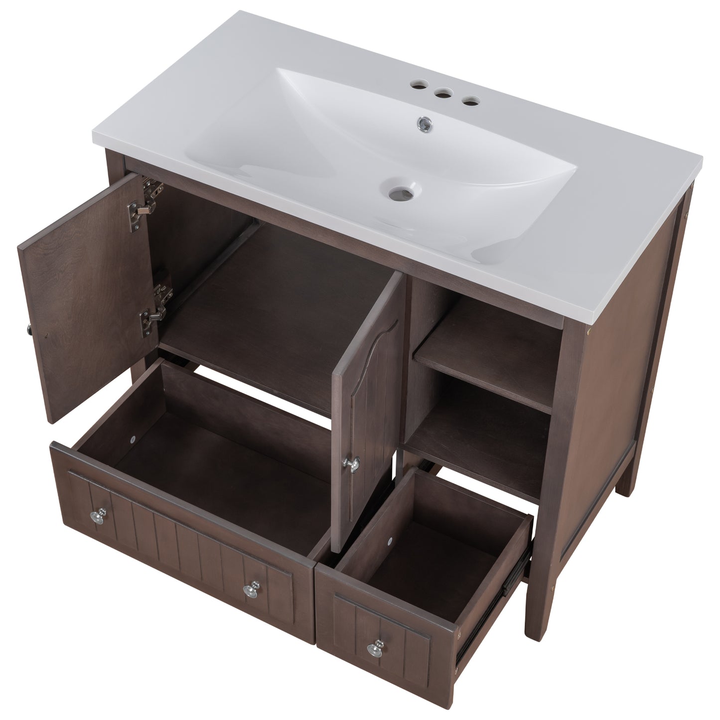 36" Bathroom Vanity with Ceramic Basin, Bathroom Storage Cabinet with Two Doors and Drawers, Solid Frame, Metal Handles, Brown