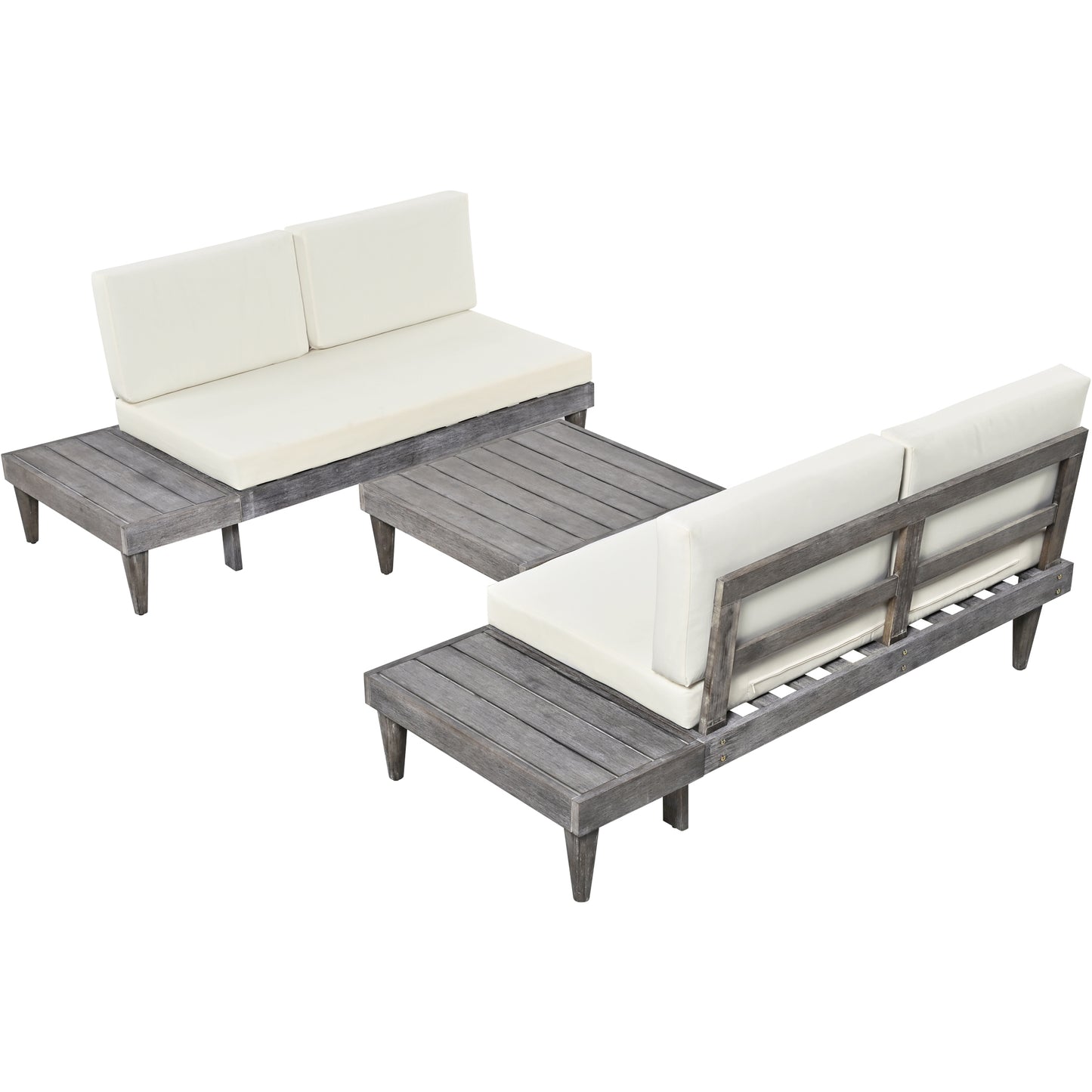 3-Piece Acacia Wood Patio Furniture Set with Conversation Sectional Sofa and Side Tables, Grey+Beige