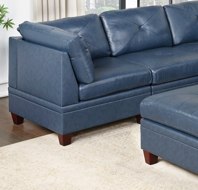 Ink Blue Genuine Leather Modular Sofa Set with Tufted Back and Ottoman