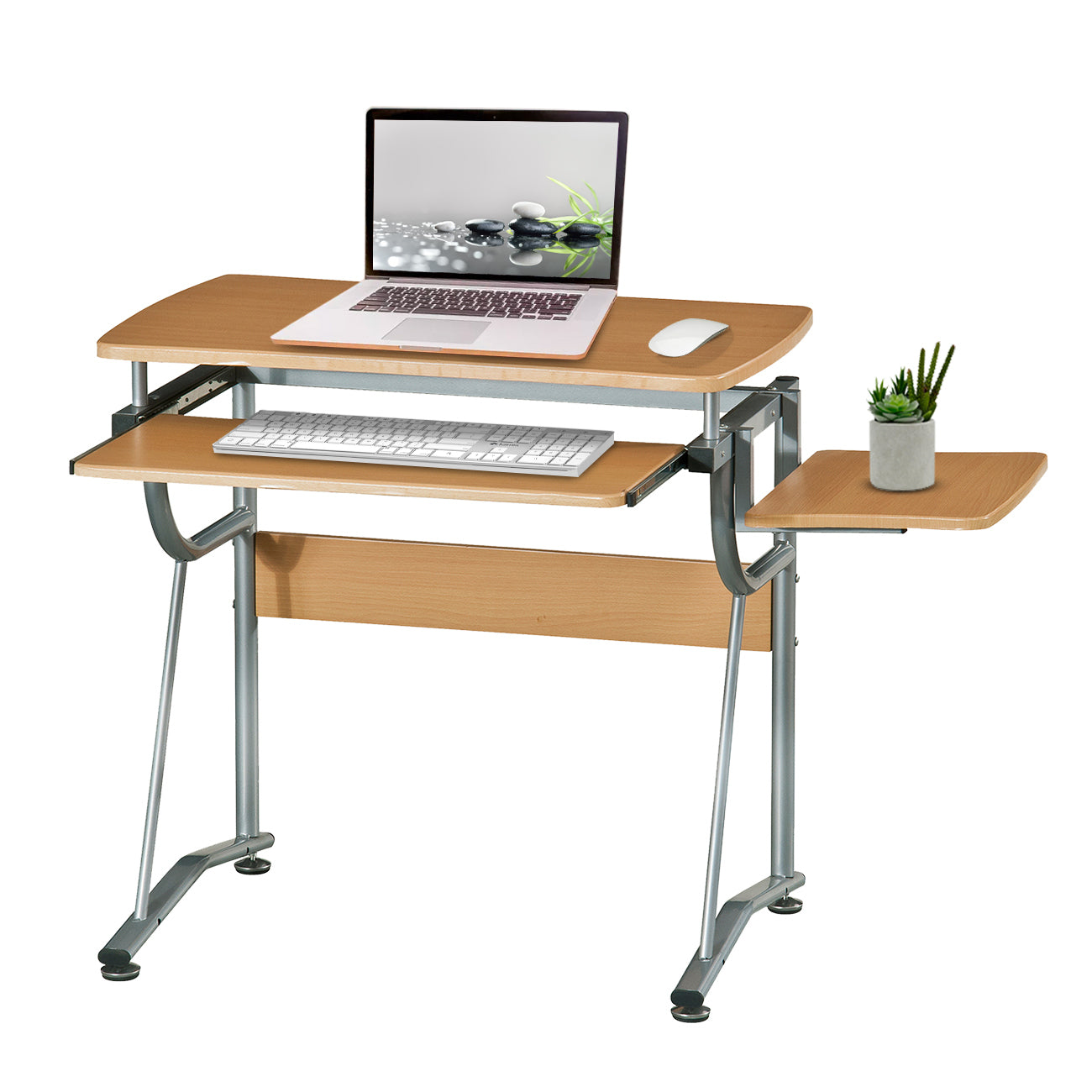 Cherry Compact Computer Desk with Side Shelf, Keyboard Panel, and Solid Wood Filler Steel Base