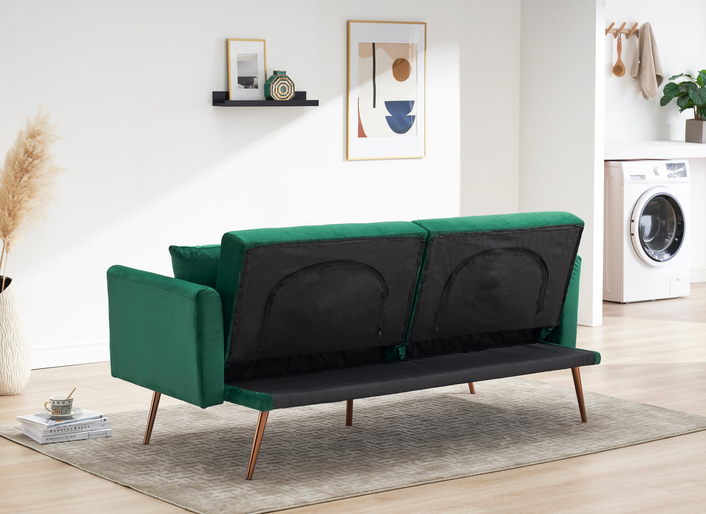 Elegant Green Velvet Sofa Bed with Throw Pillow and Midfoot