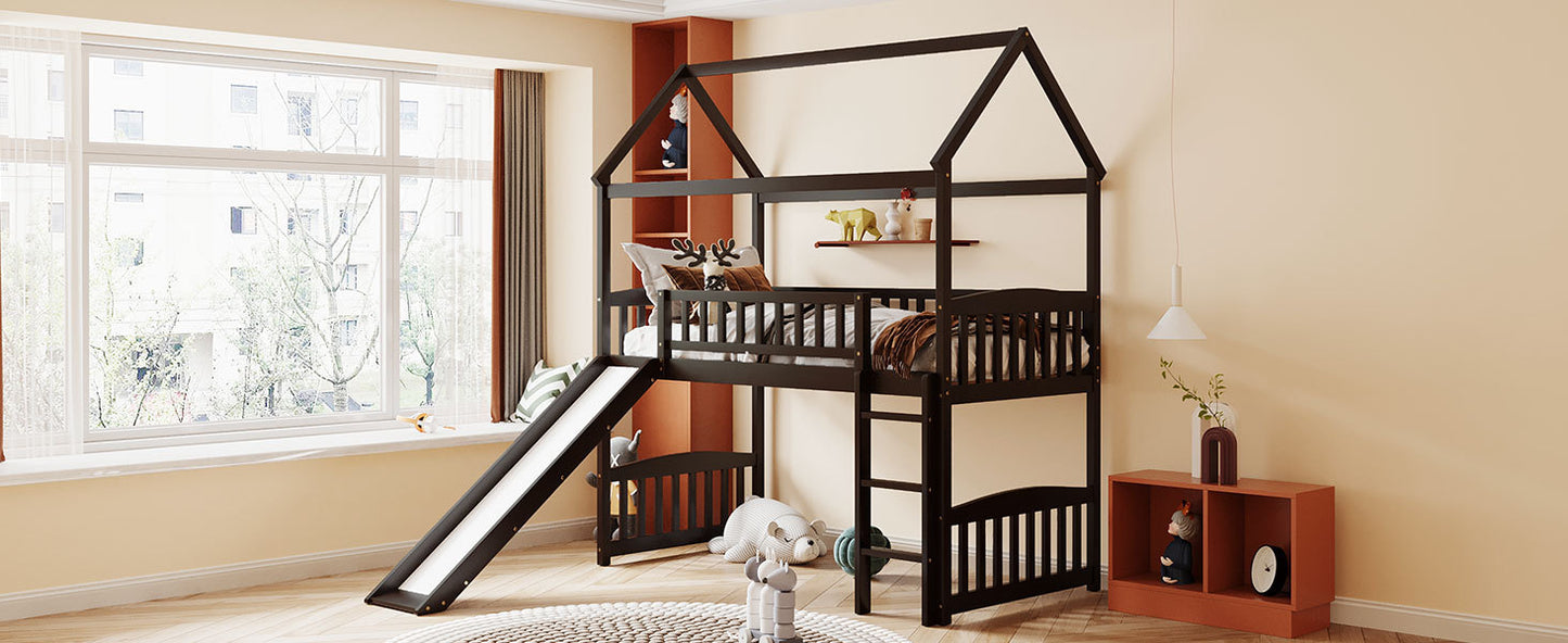 Twin Loft Bed with Slide, House Bed with Slide,Espresso( :LT000212AAP)