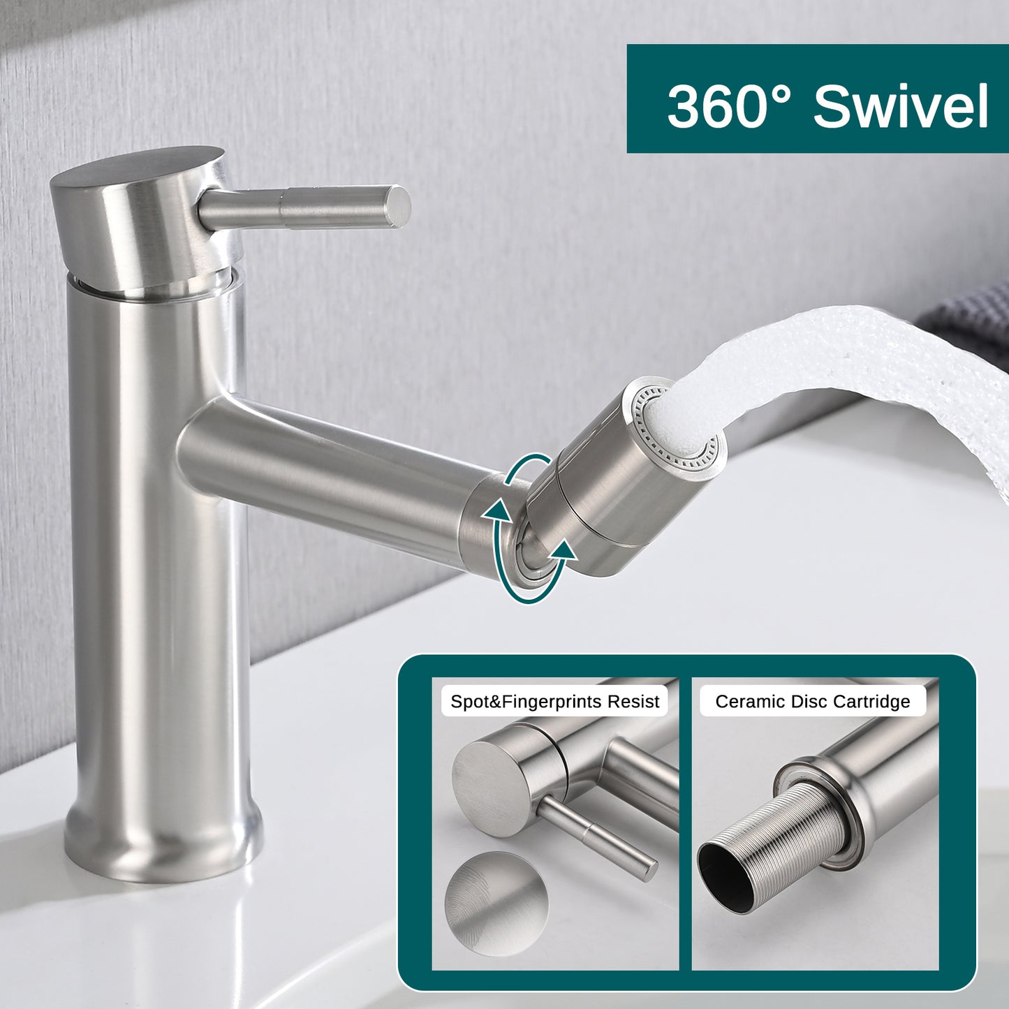 2 Mode Brushed Nickel Bathroom Faucet with 360° Rotating Aerator