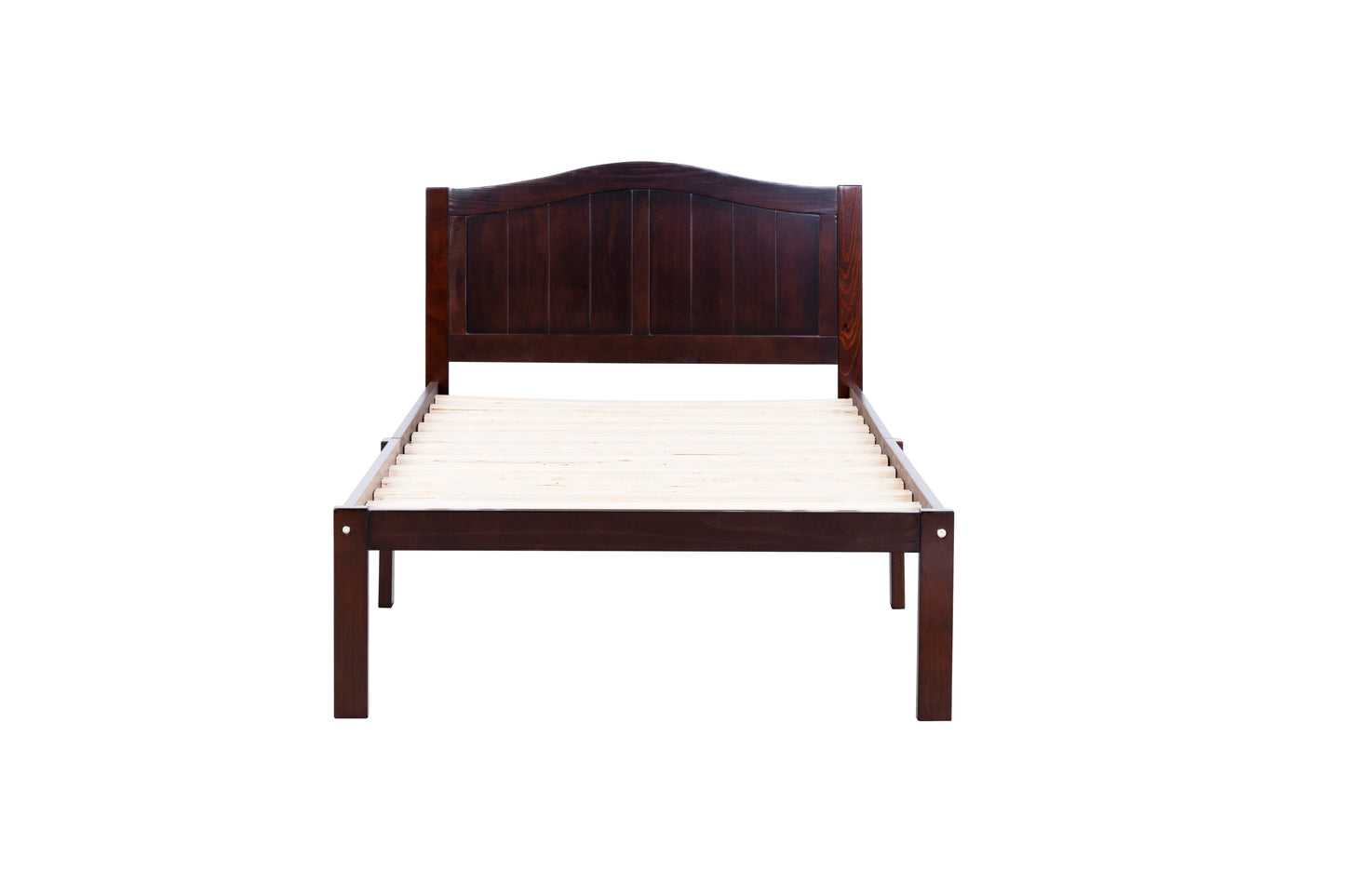 Twin Size Bed, Wood Platform Bed Frame with Headboard For Kids, Slatted, Dark Walnut