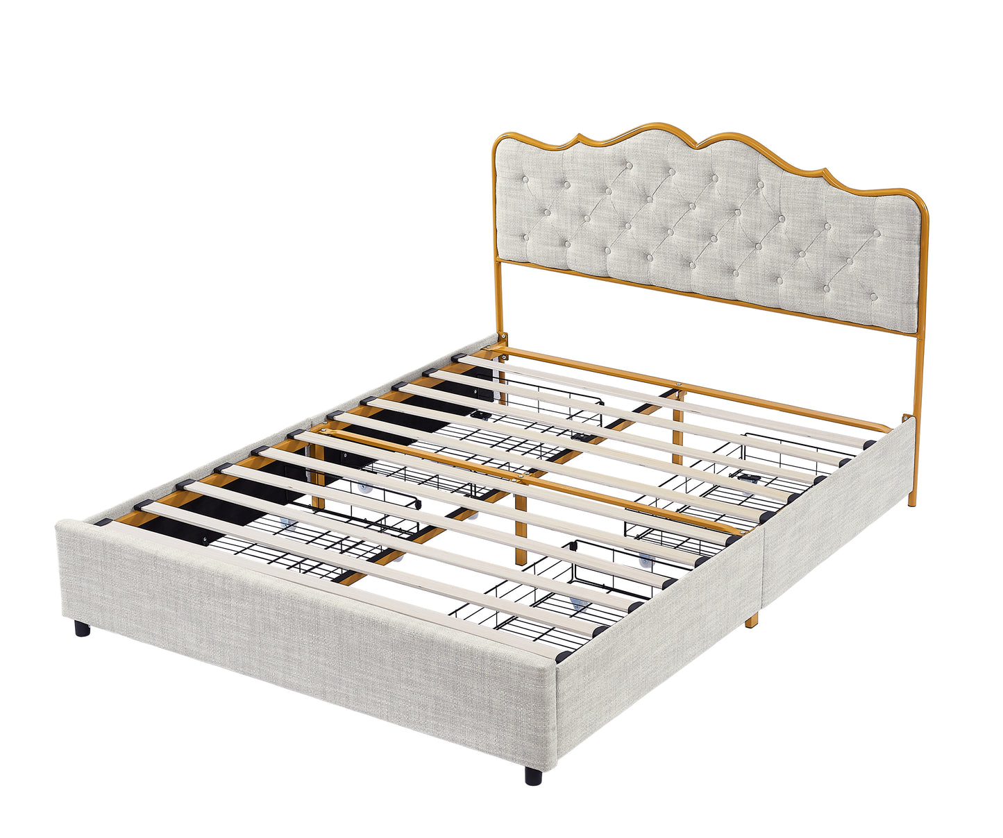 Classic steamed bread shaped backrest, metal frame, solid wood ribs, with four storage drawers, sponge soft bag, comfortable and elegant atmosphere, light gray, Full- size, F sleeping bed