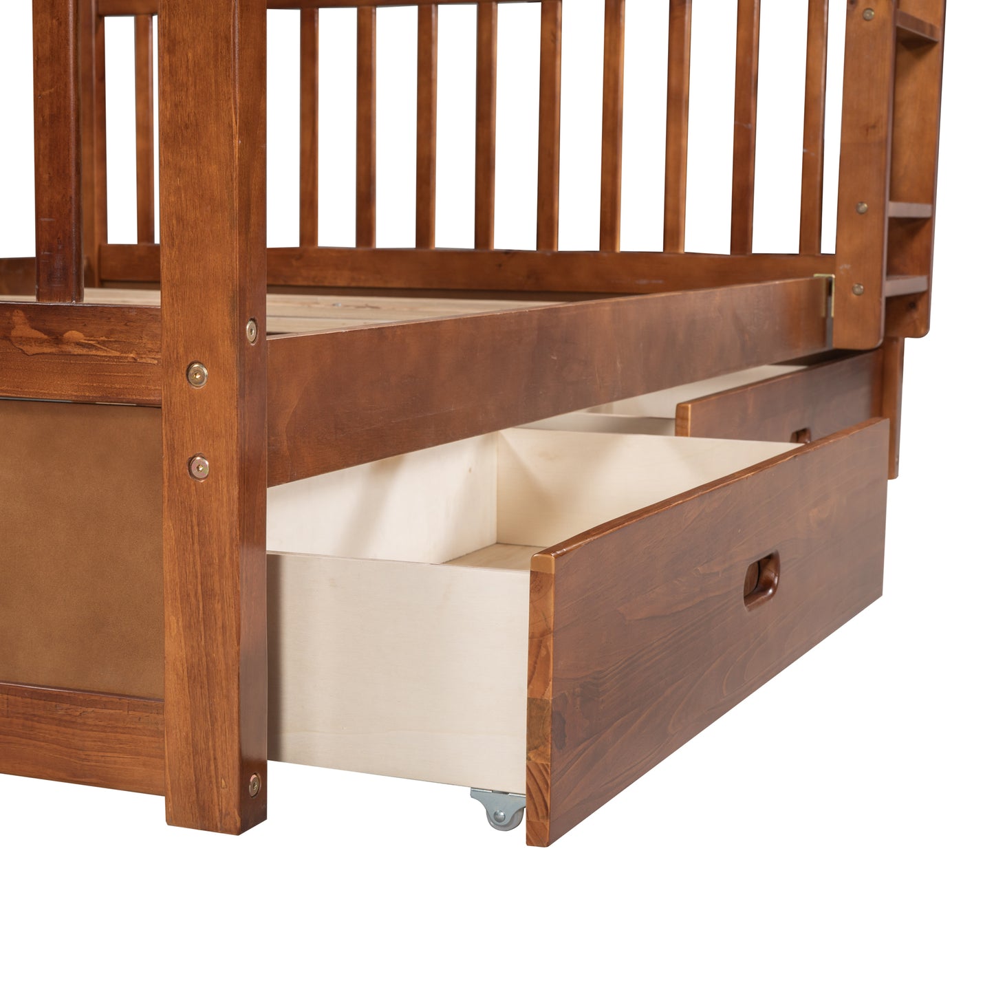 Full-Over-Full Walnut Bunk Bed with Two Storage Drawers and Ladder