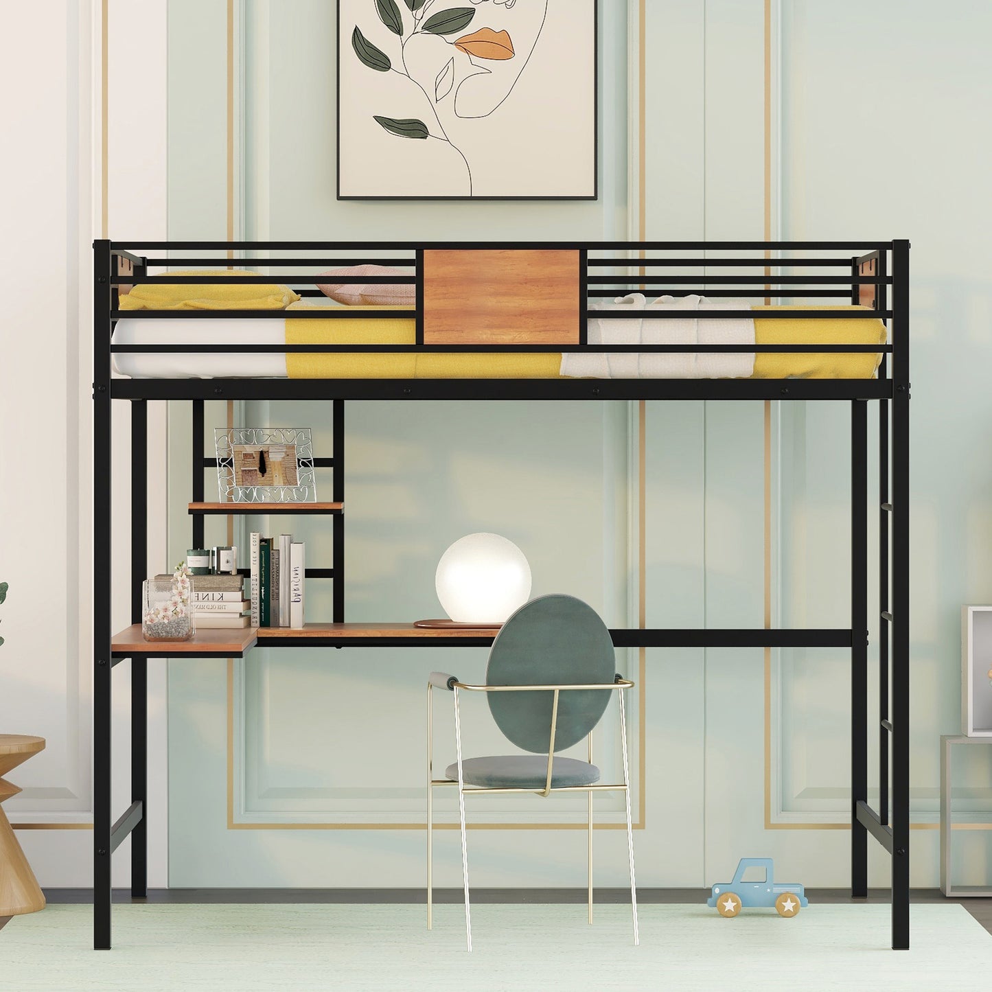 Twin Metal Loft Bed with Desk and Shelve,Black