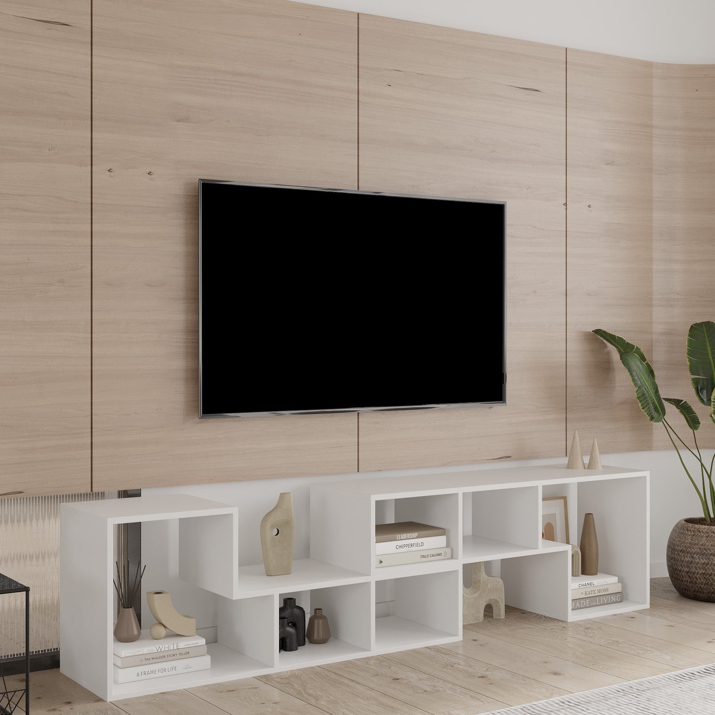 Versatile White TV Stand with Display Shelves and Bookcase