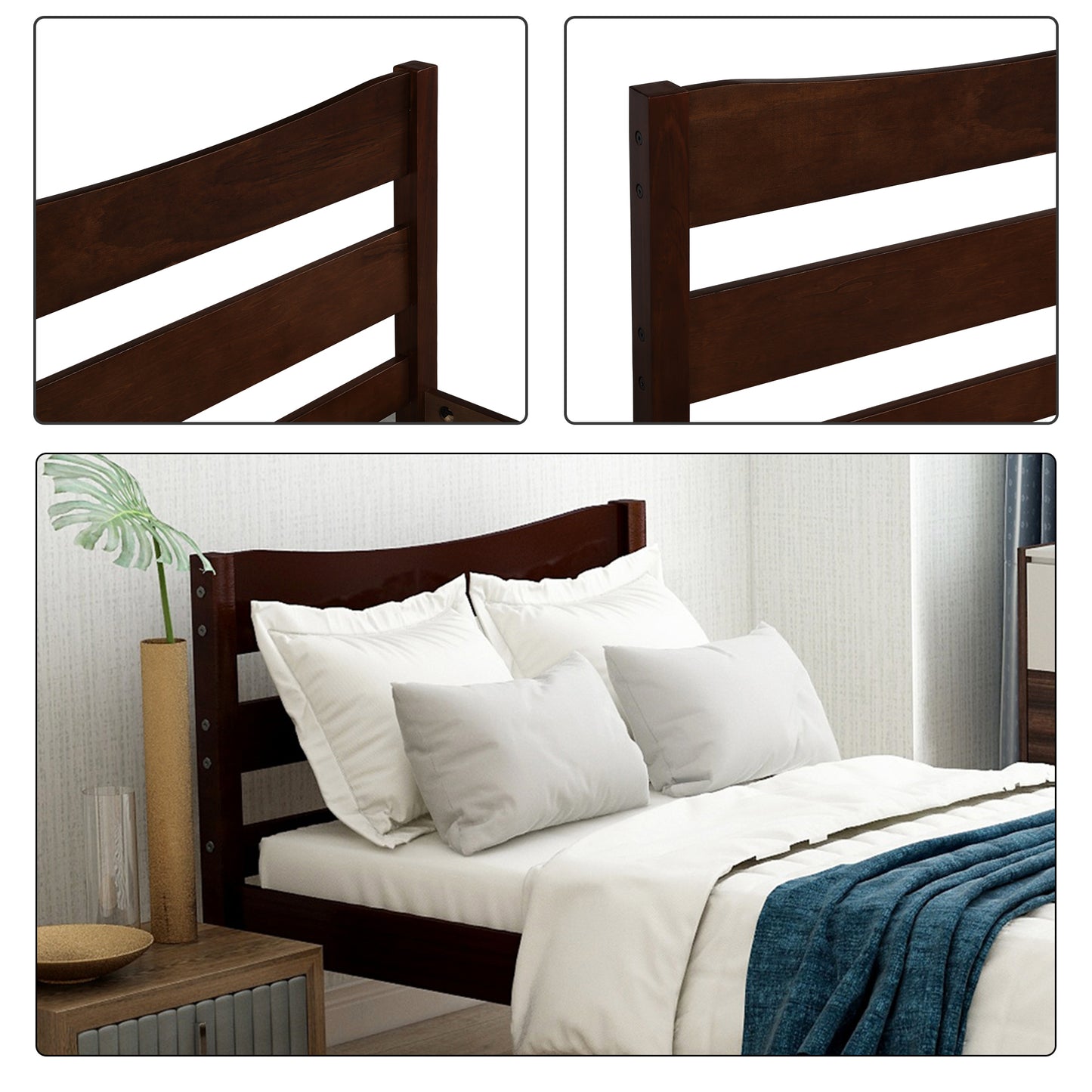 Twin Size Wood Platform Bed with Headboard and Wooden Slat Support (Espresso)