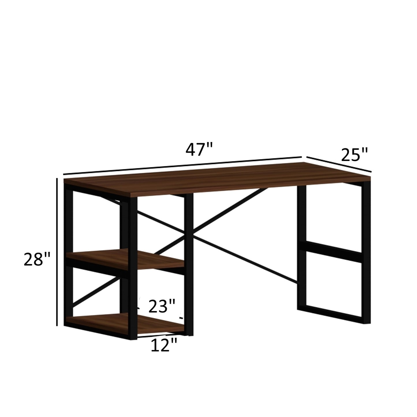 Sleek Walnut Writing Desk with Black Metal Frame and 2 Shelves