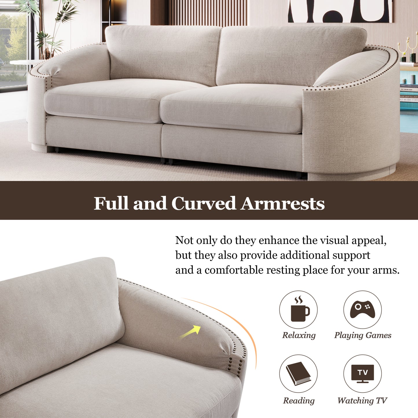 U_Style Stylish Sofa with Semilunar Arm, Rivet Detailing, and Solid Frame for Living Room