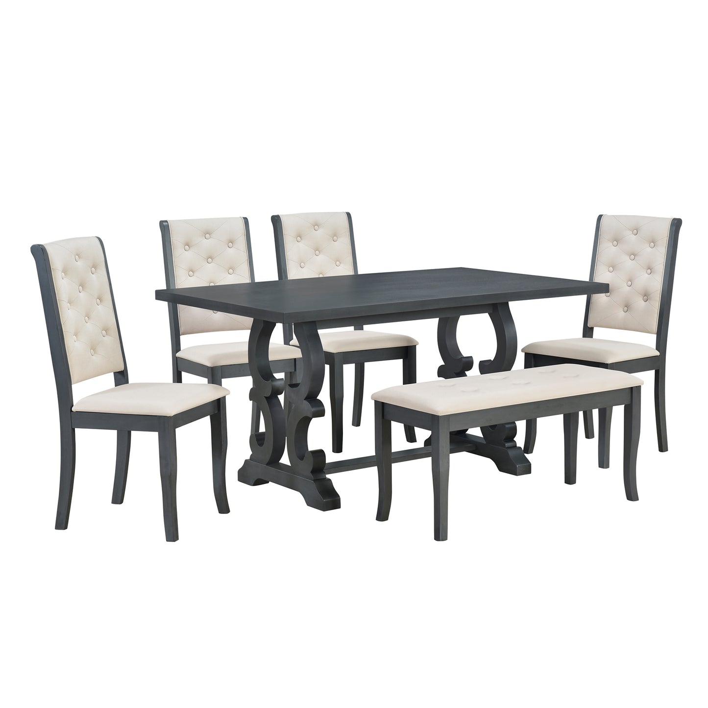 TREXM 6-Piece Retro Dining Set with Unique-designed Table Legs and Foam-covered Seat Backs&Cushions for Dining Room (Antique Grey)