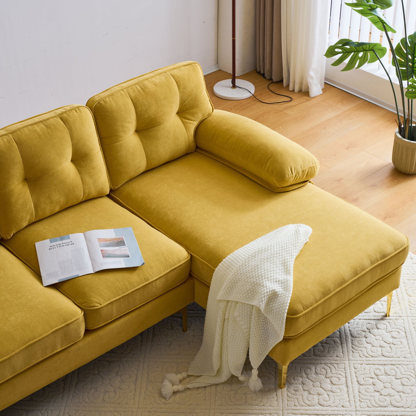 Modern Yellow Velvet L-Shaped Sectional Sofa for Living Room or Bedroom