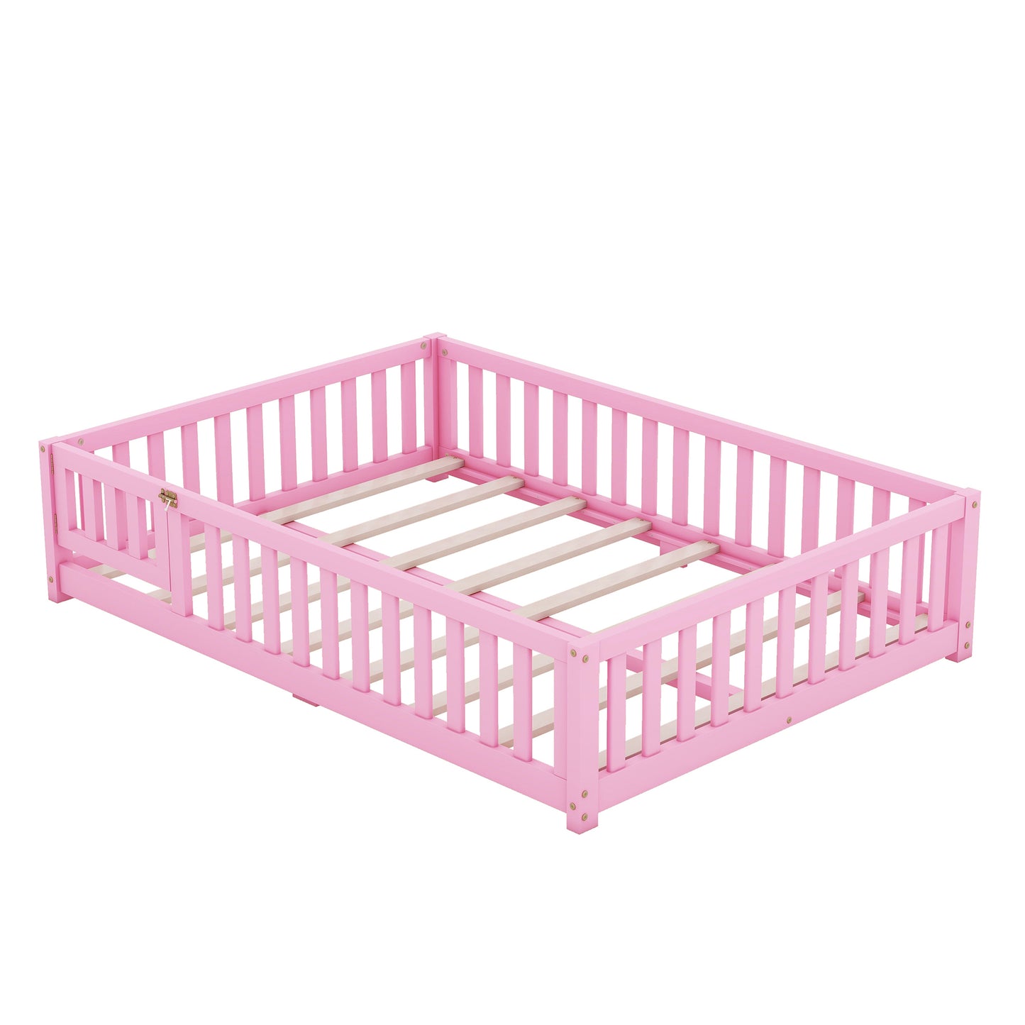 Full Size Bed Floor Bed with Safety Guardrails and Door for Kids, Pink