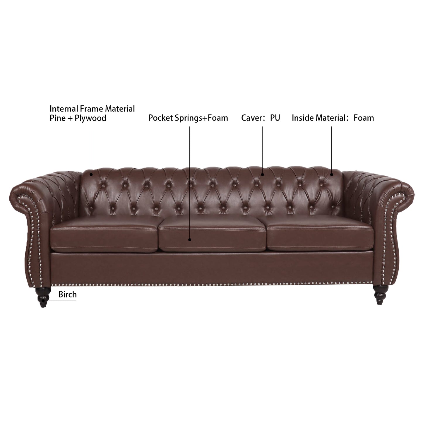 Elegant Dark Brown 84.65 PU Leather Chesterfield Three Seater Sofa with Rolled Arms