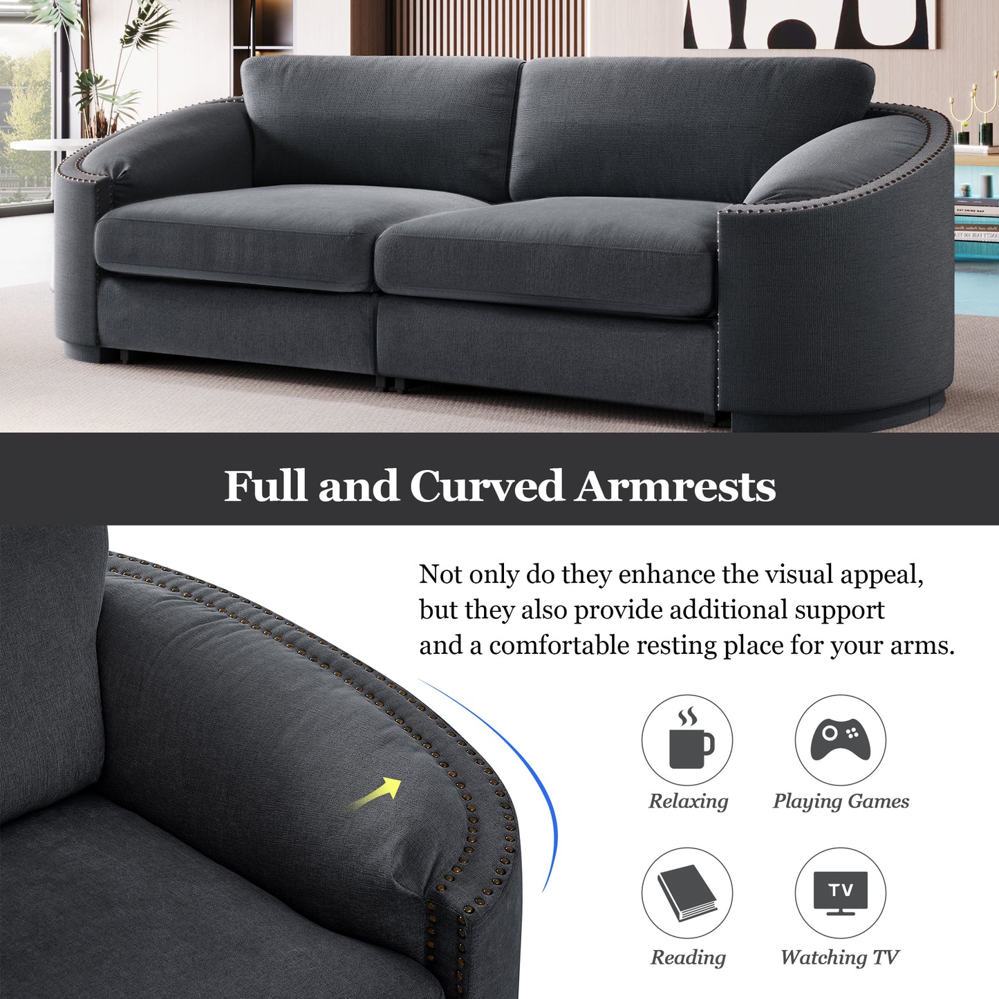 U_Style Stylish Sofa with Semilunar Arm, Rivet Detailing, and Solid Frame for Living Room