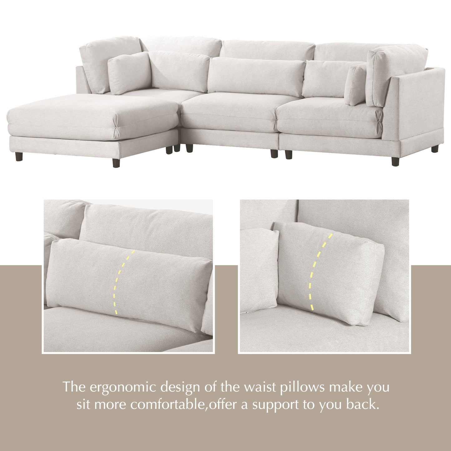 U_STYLE 2 Pieces L shaped Sofa with Removable Ottomans and comfortable waist pillows