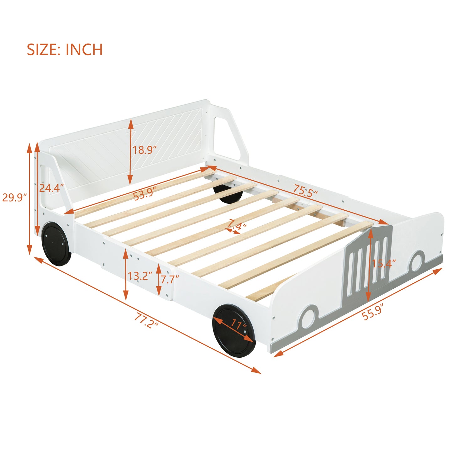 Full Size Car-Shaped Platform Bed with Wheels,White