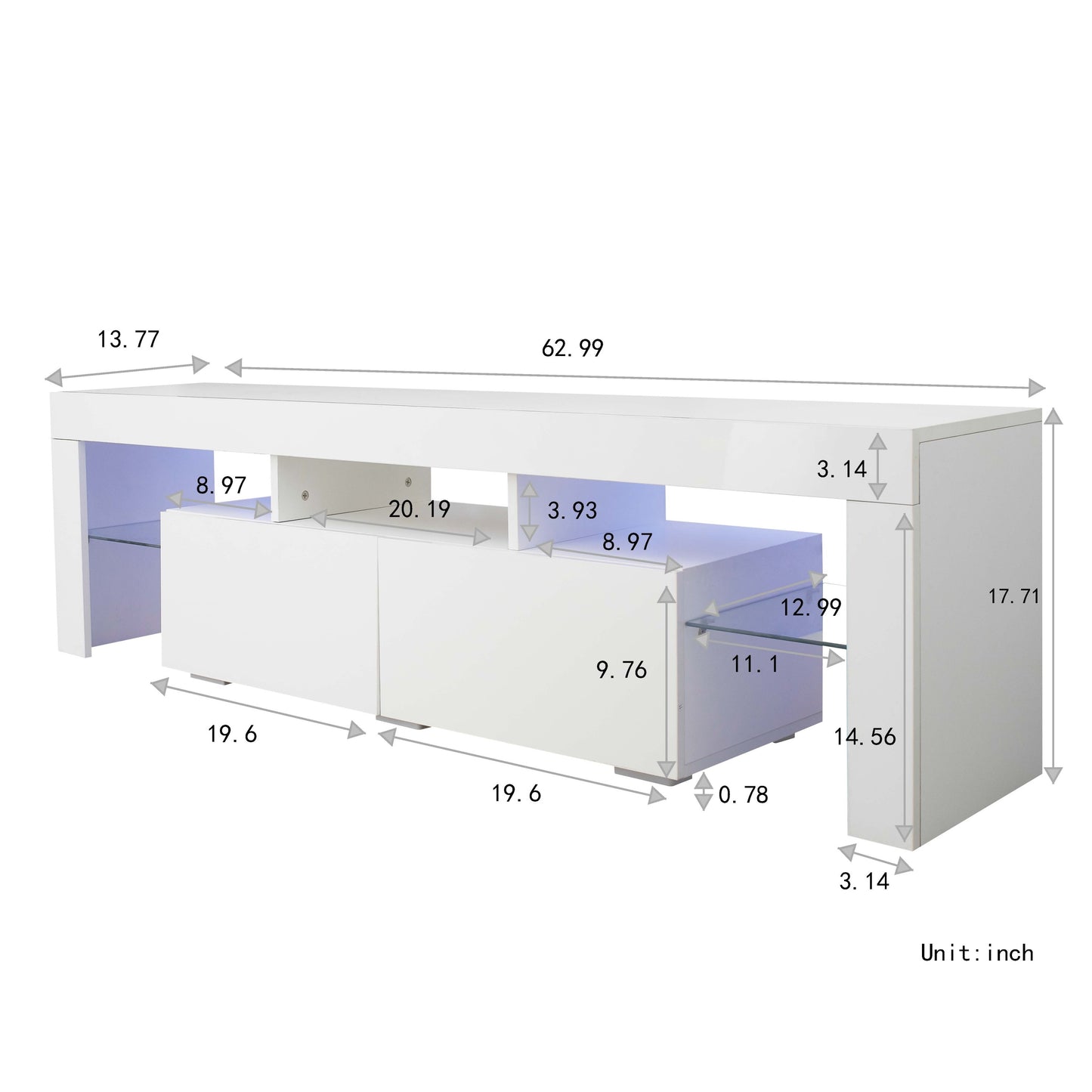 LED TV Stand with Remote Controlled Lights in Modern White, 20 Color Options