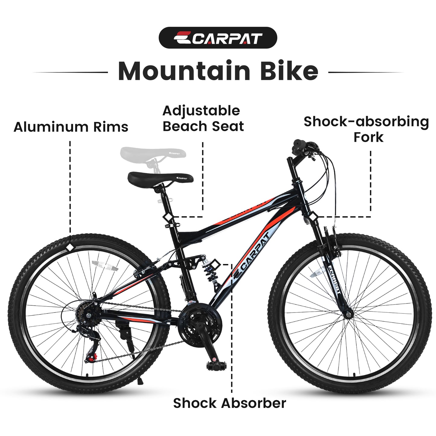 S26206 26" 21-Speed Bicycle for Adult, Front and rear shock absorption, Camping Bicycle, Height Adjustable ,Mountain Bicycle for Roadways, Mountains bike