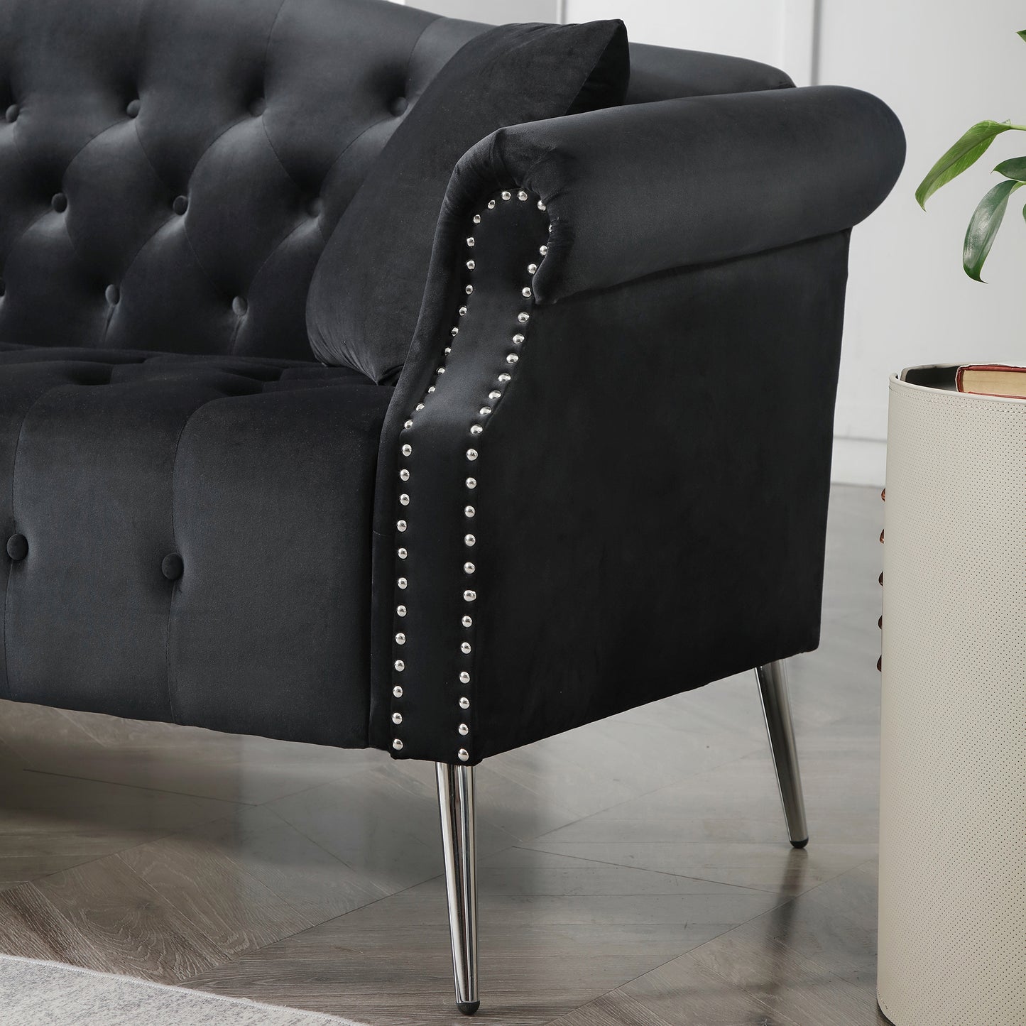 Classic Black Velvet Chesterfield Sofa Set with Rolled Arms and Silver Metal Legs