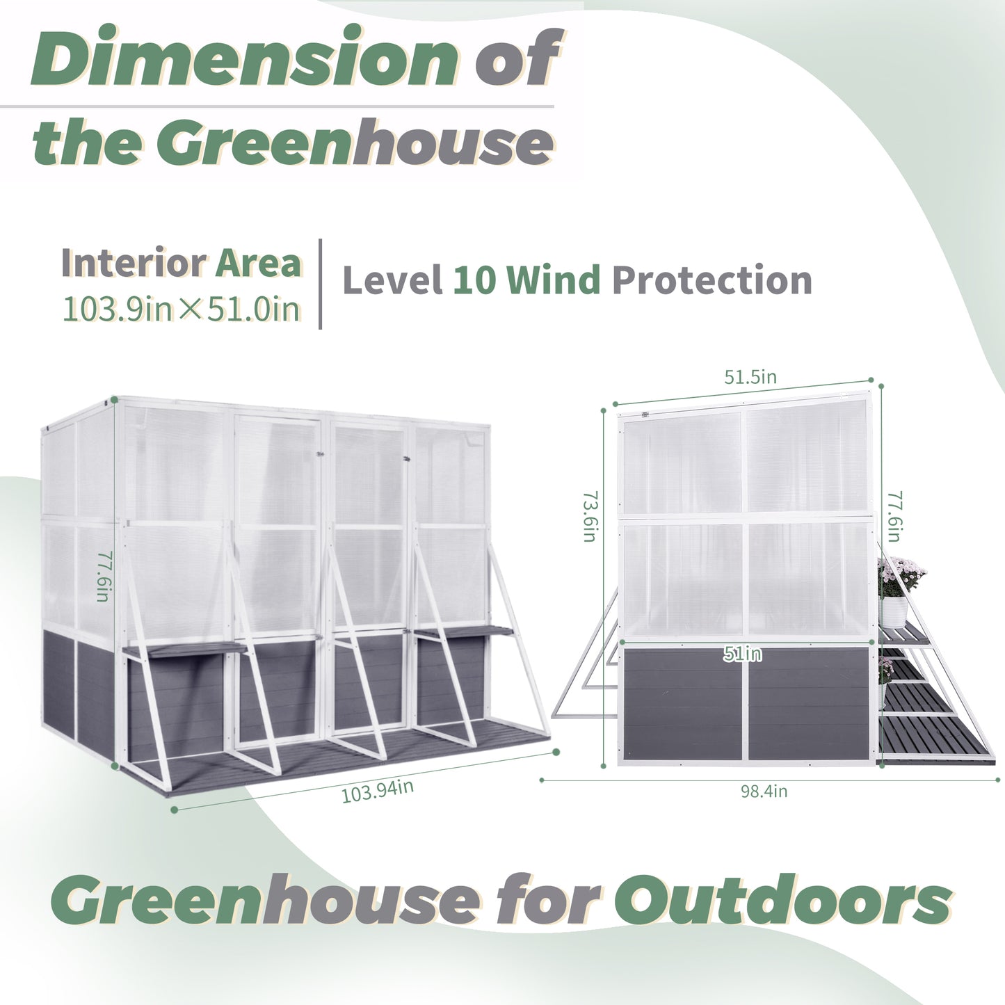 Greenhouse, Wooden Lean to Greenhouses for Outdoors, Heavy Duty Walk in Green House for Outside Winter, Large Hot House for Sunroom Storage Shed, Garden, Backyard(103.9''X98.4''X77.6'')