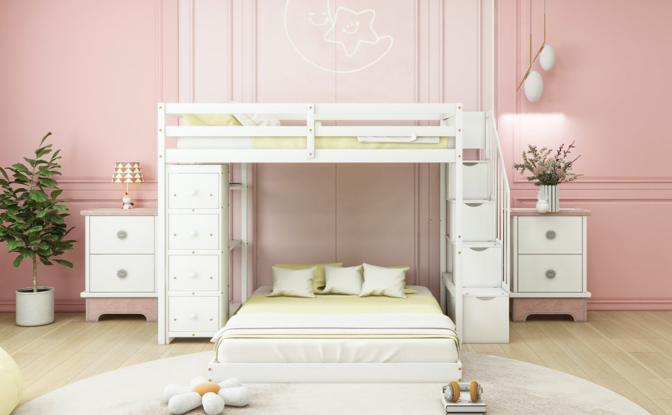 White Twin Over Full Bunk Bed with Storage Stairs & Drawers for Space-Saving Solution