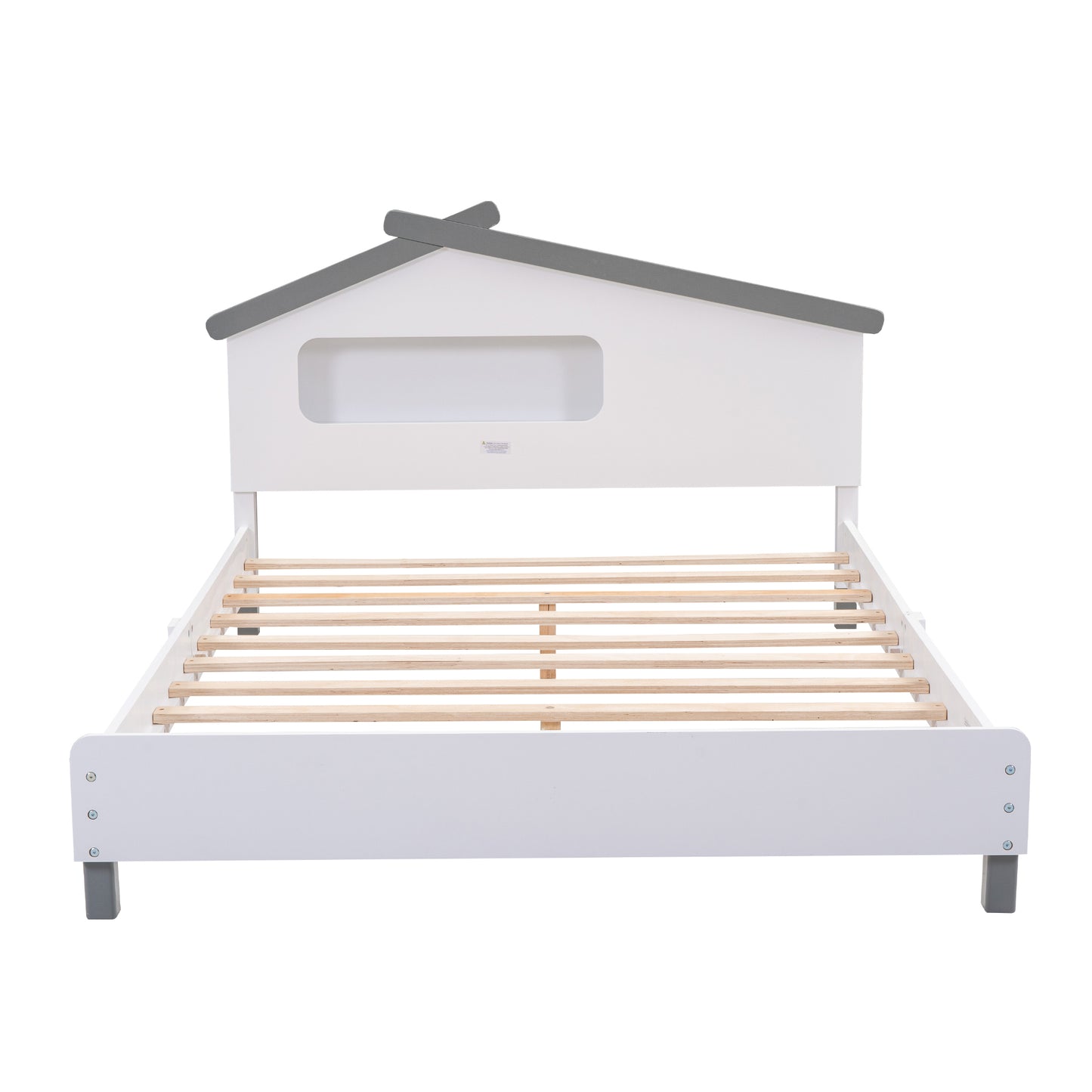 Full Size Wood Platform Bed with House-shaped Headboard and Motion Activated Night Lights (White+Gray)