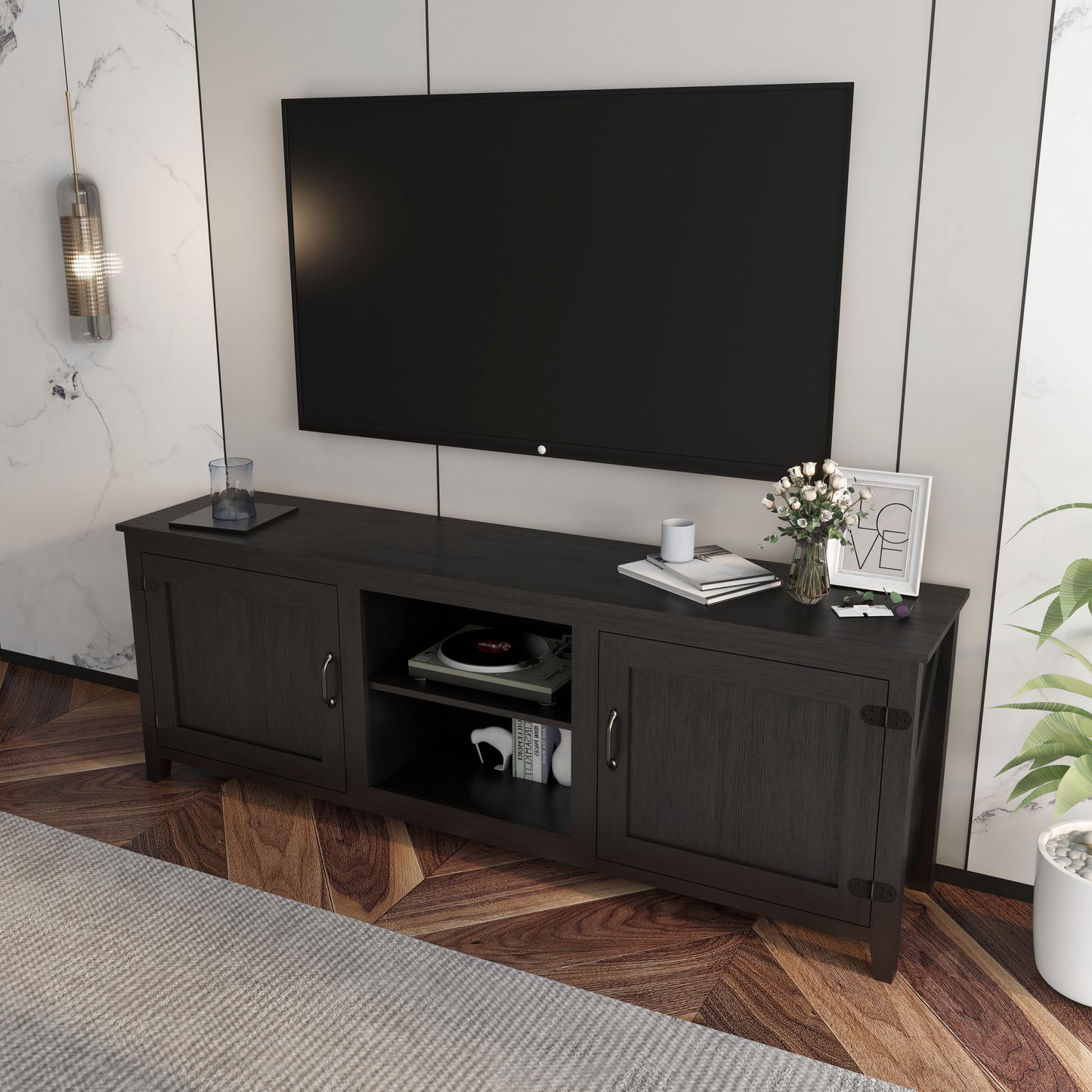 Traditional Black TV Stand with Spacious Storage and Durable Design