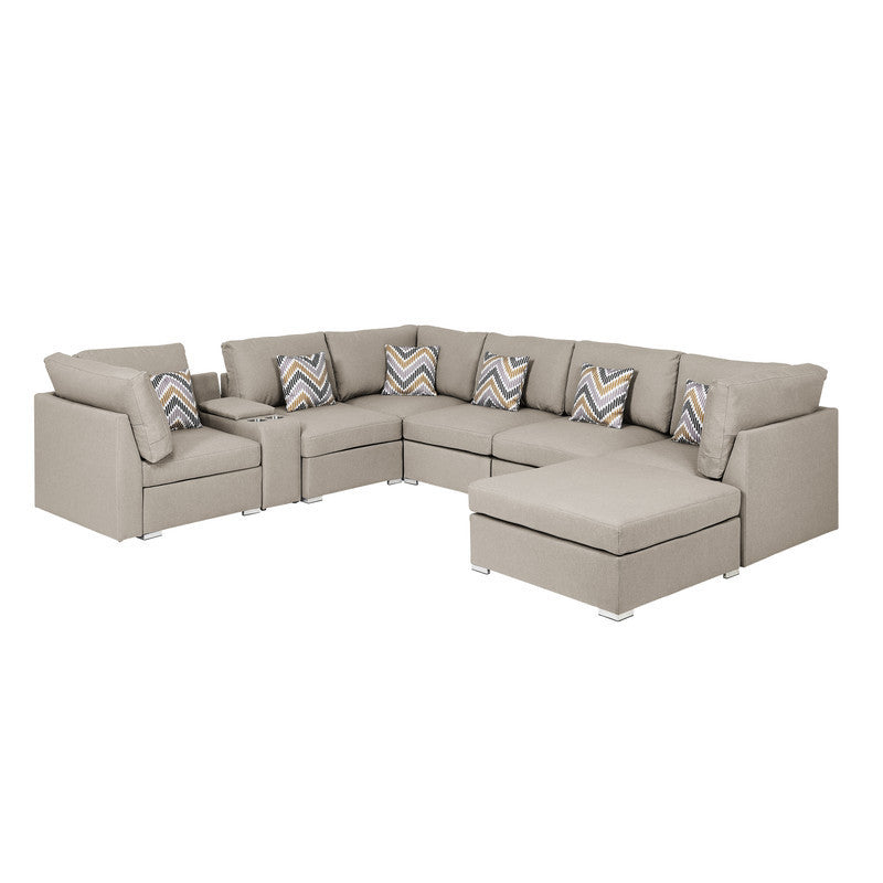 Luxurious Beige Fabric Modular Sectional Sofa with USB Console and Ottoman