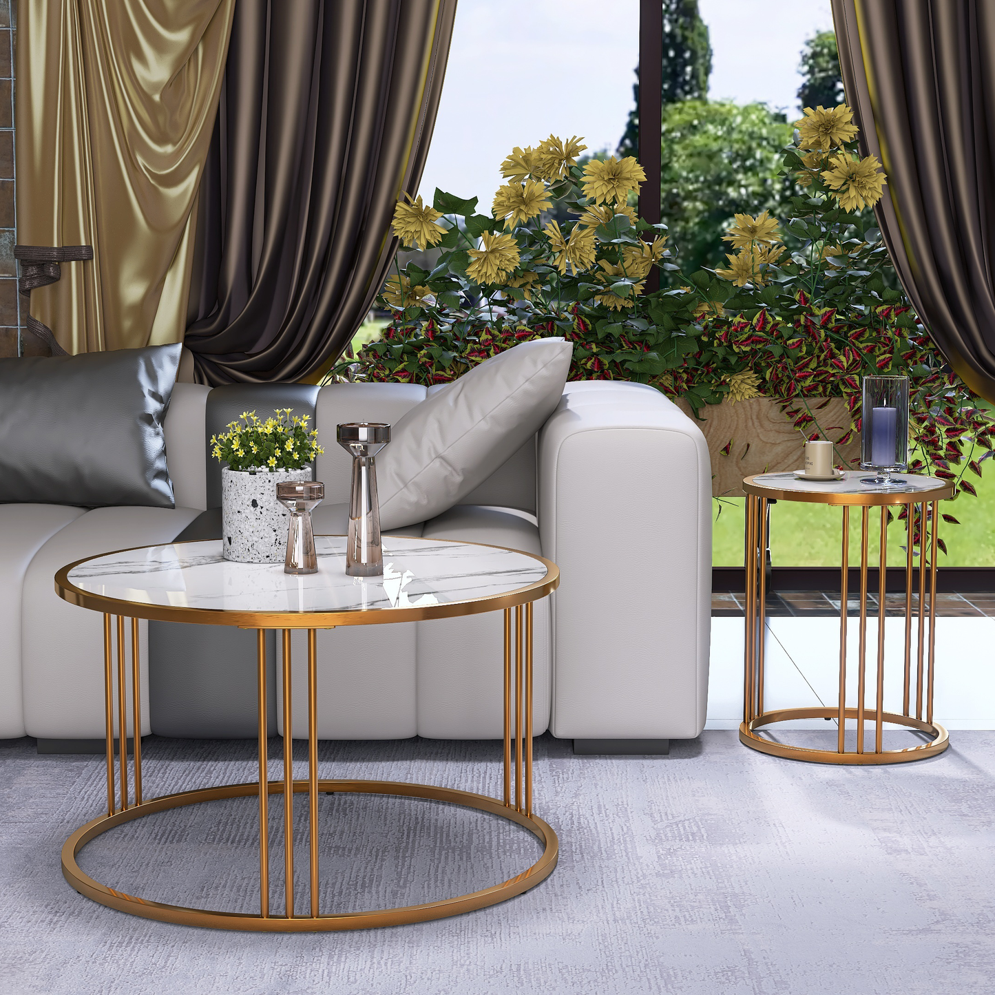 Golden Slate Coffee Table Set of 2: Modern Round Coffee Tables with Steel Frame For Living Room