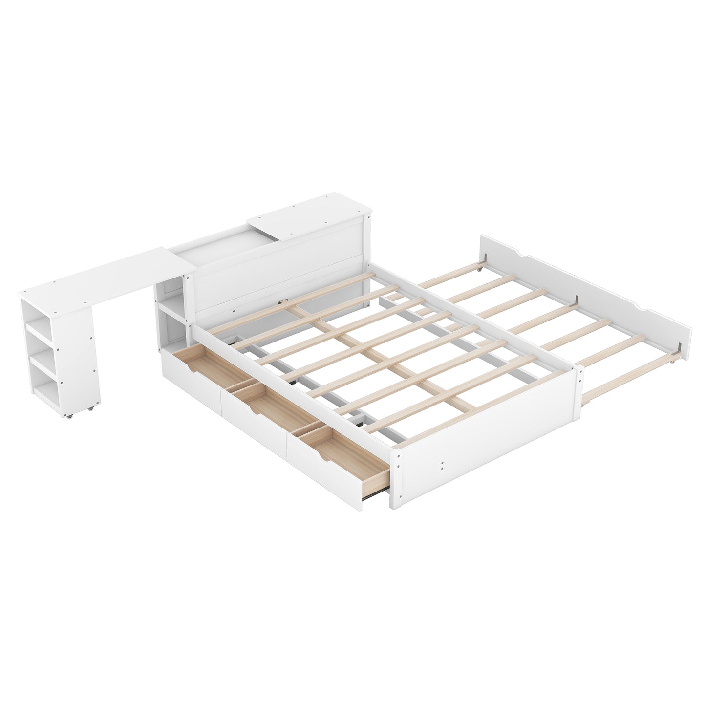 Full Size Platform Bed With a Rolling Shelf, White