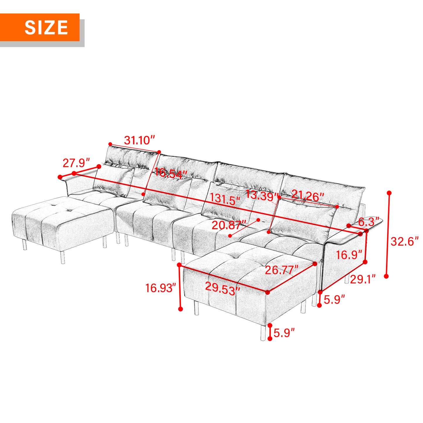 U-Shaped Sectional Sofa with 2 Removeable Ottoman and 4 Pillows-N