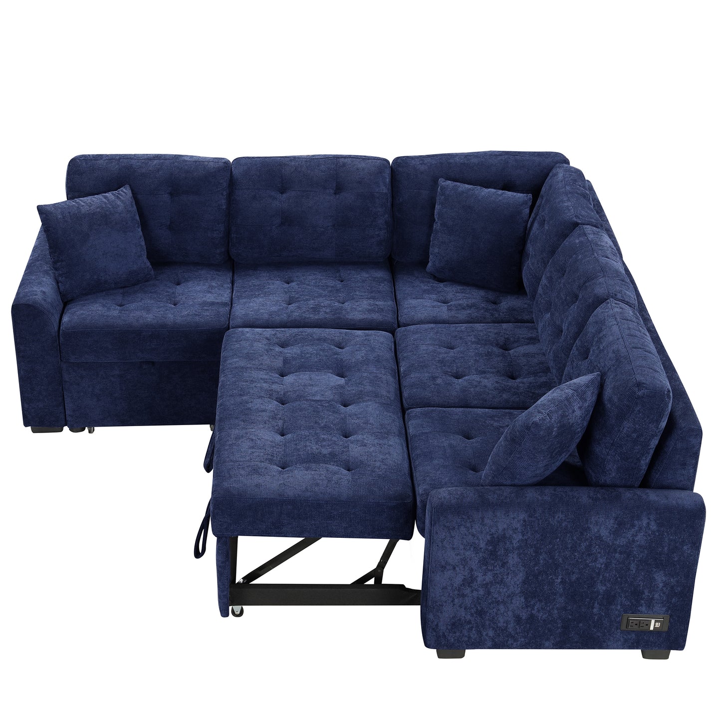 Convertible Navy Blue L-Shape Sleeper Sofa with USB Ports and Power Sockets