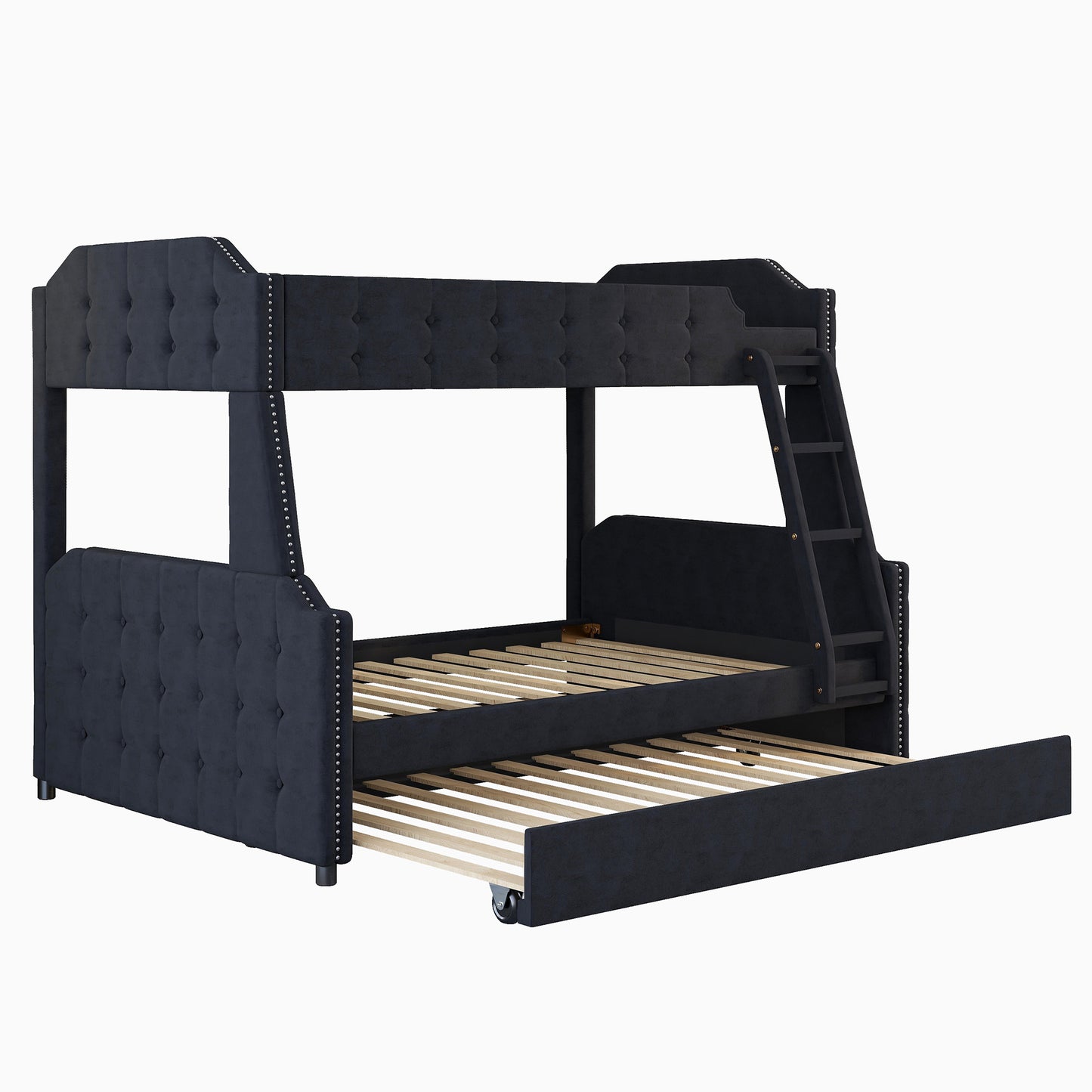 Black Velvet Upholstered Twin over Full Bunk Bed with Trundle and Button Tufted Design