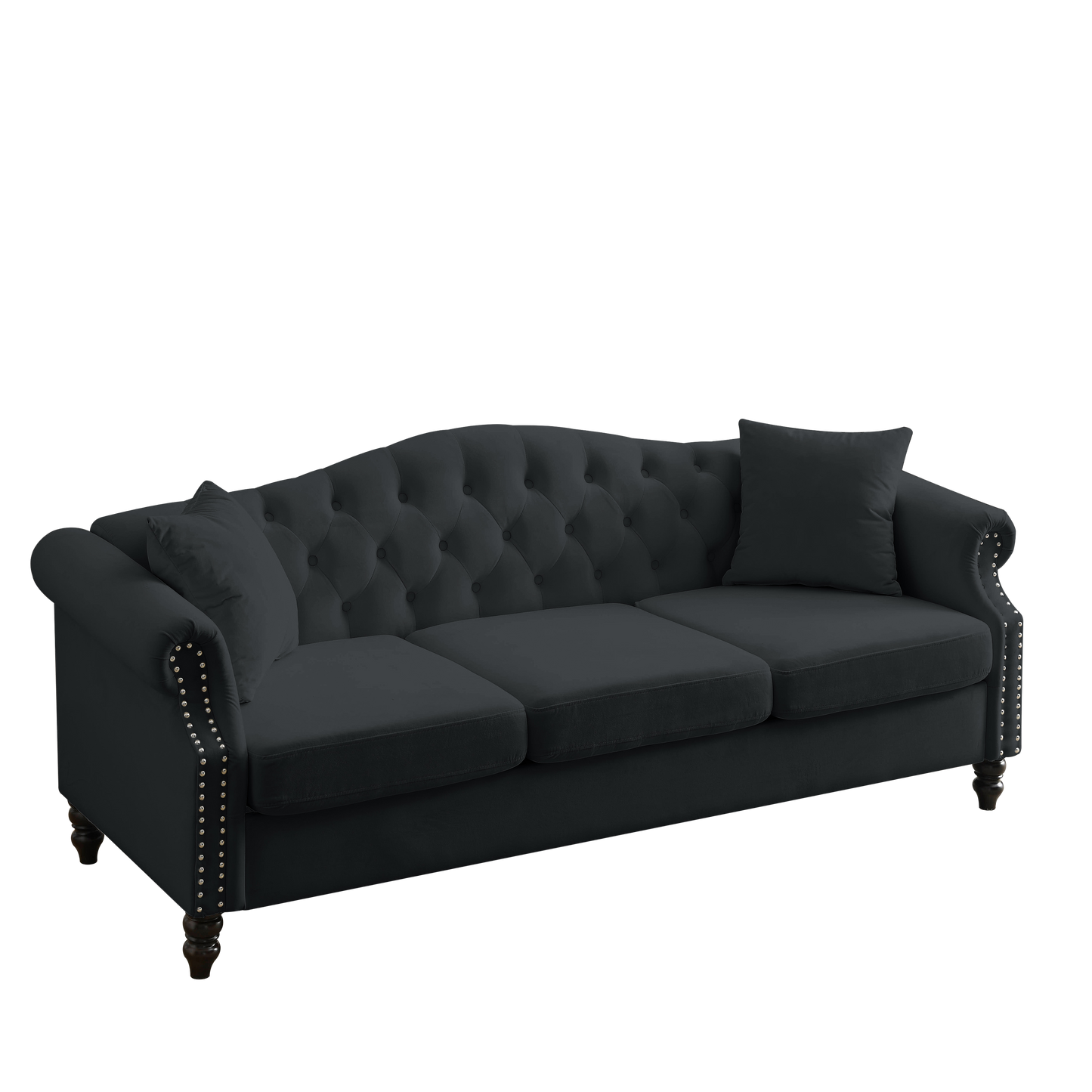 [Video] 79" Chesterfield Sofa Black Velvet for Living Room, 3 Seater Sofa Tufted Couch with Rolled Arms and Nailhead for Living Room, Bedroom, Office, Apartment, 3S+3S