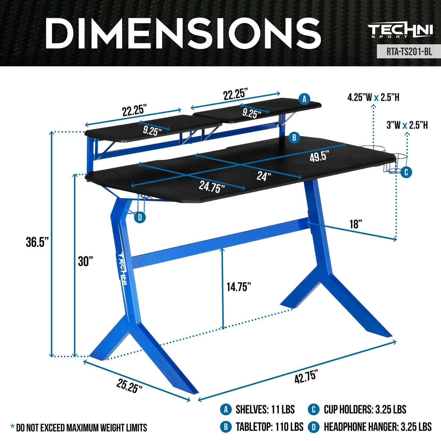 Techni Sport Blue Stryker Gaming Desk with Carbon Fiber Texture in Striking Blue