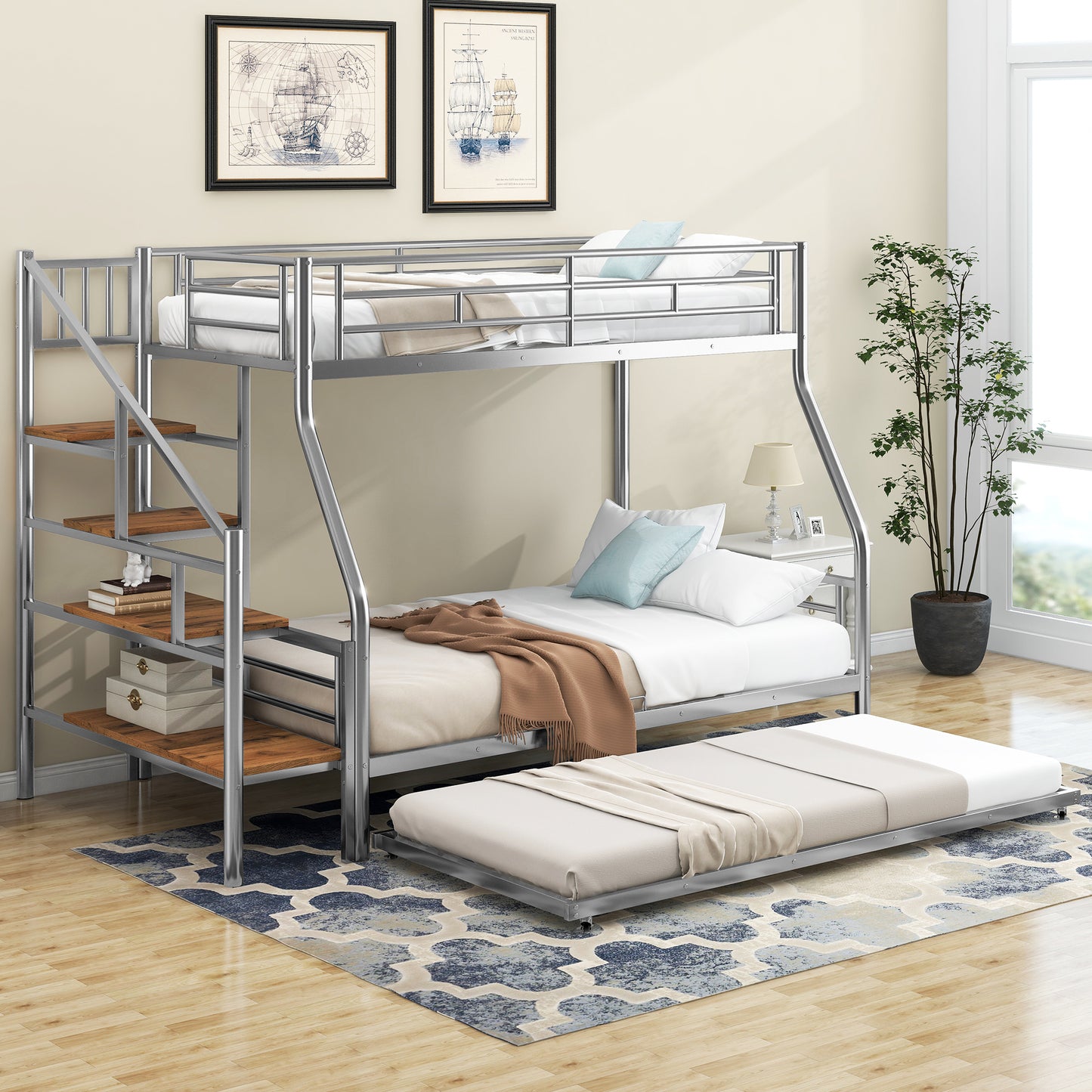 Silver Metal Bunk Bed with Trundle and Storage Staircase