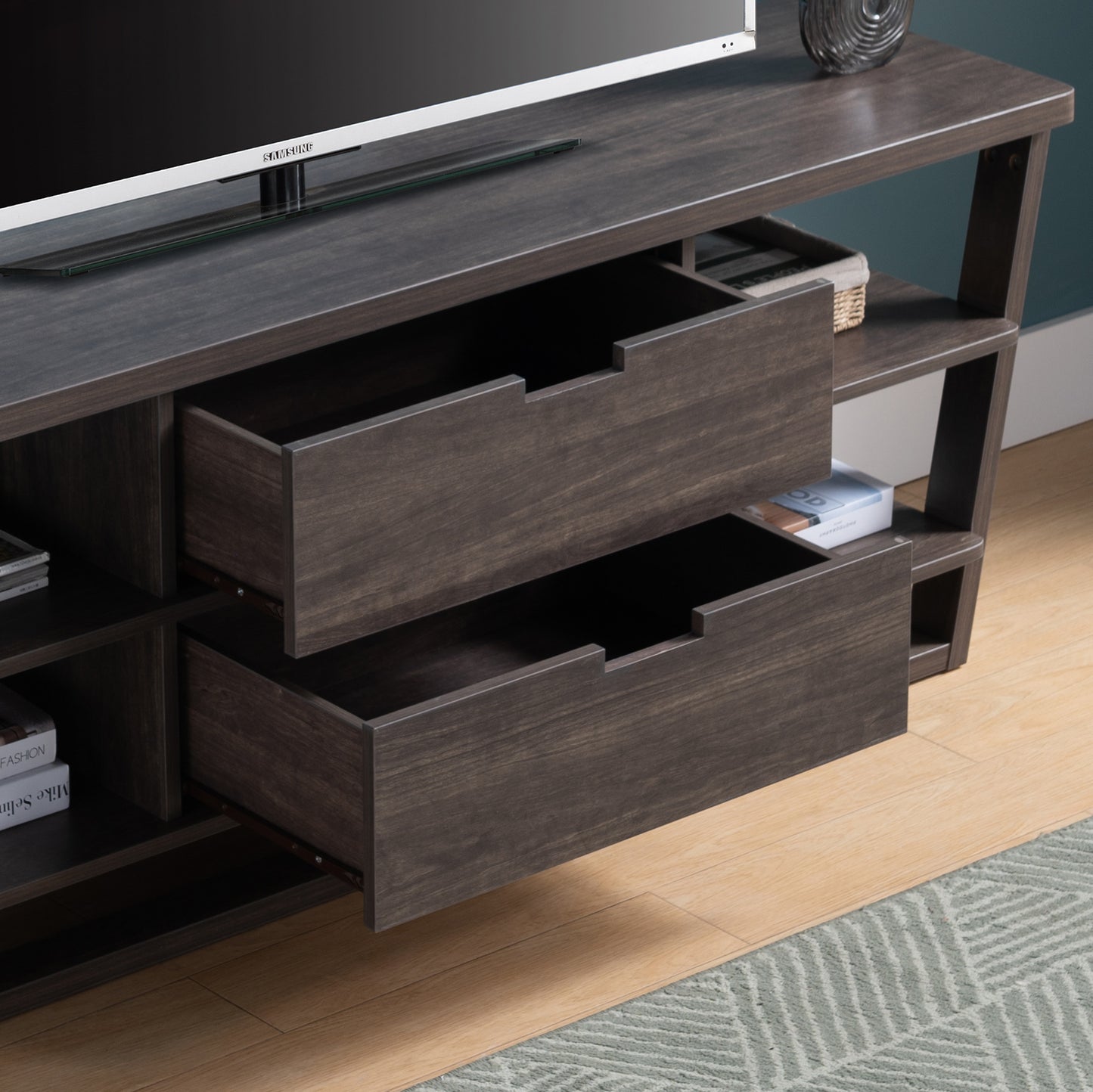 Modern Brown Walnut TV Stand with Open Shelves and Drawers