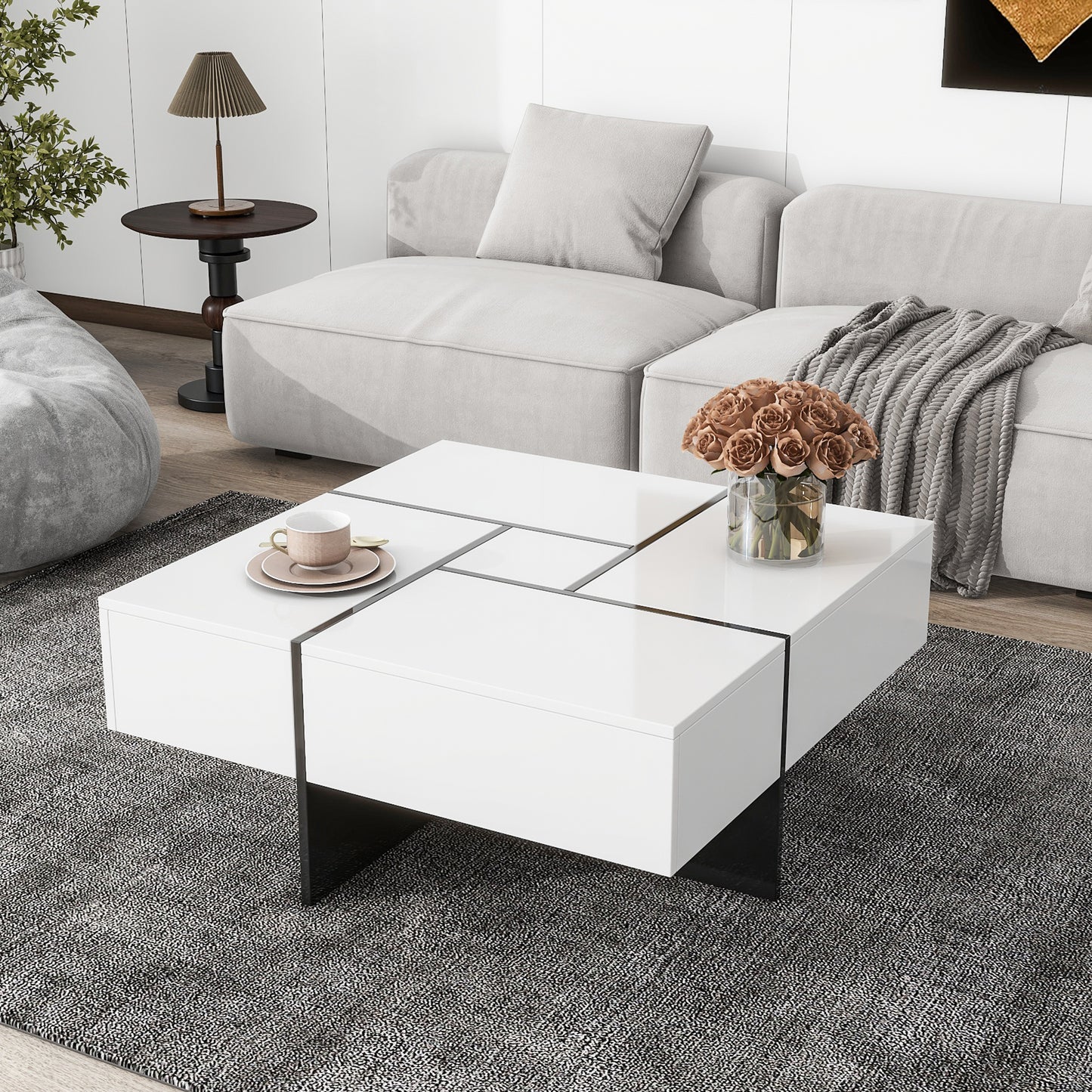 Innovative Extendable Coffee Table with Hidden Storage Compartments and Puzzle-like Design, High-gloss Center Table for Living Room, 31.5x 31.5