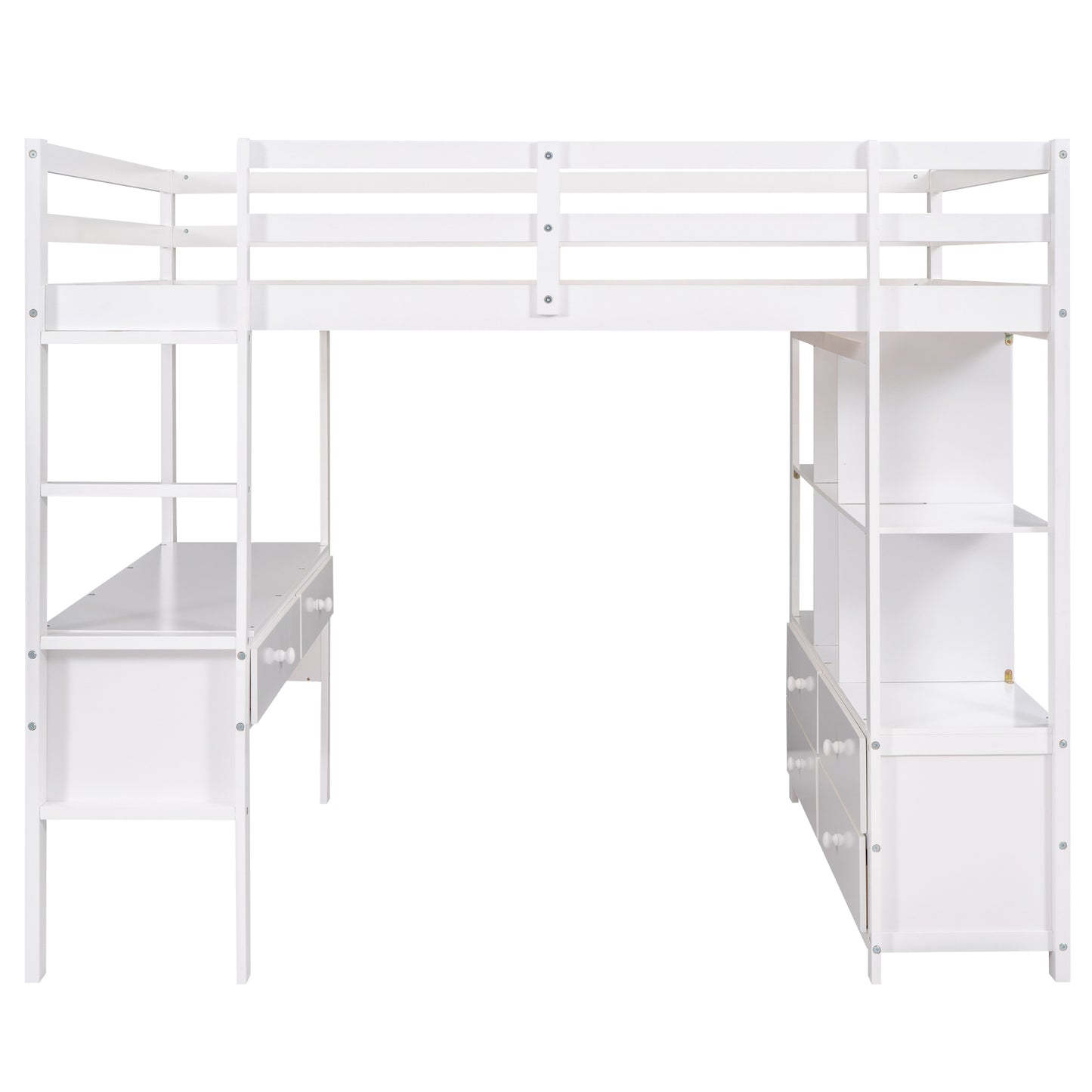 Full Size Loft Bed with Built-in Desk with Two Drawers, and Storage Shelves and Drawers,White