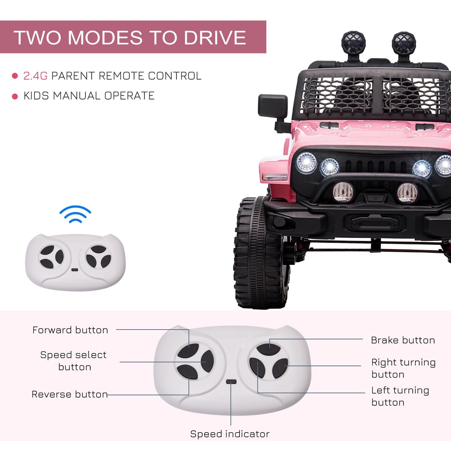 Aosom 12V Kids Ride On Truck with Parent Remote Control, Electric Battery Powered Toy Car with Spring Suspension, Adjustable Speed, LED Lights and Horn, Pink