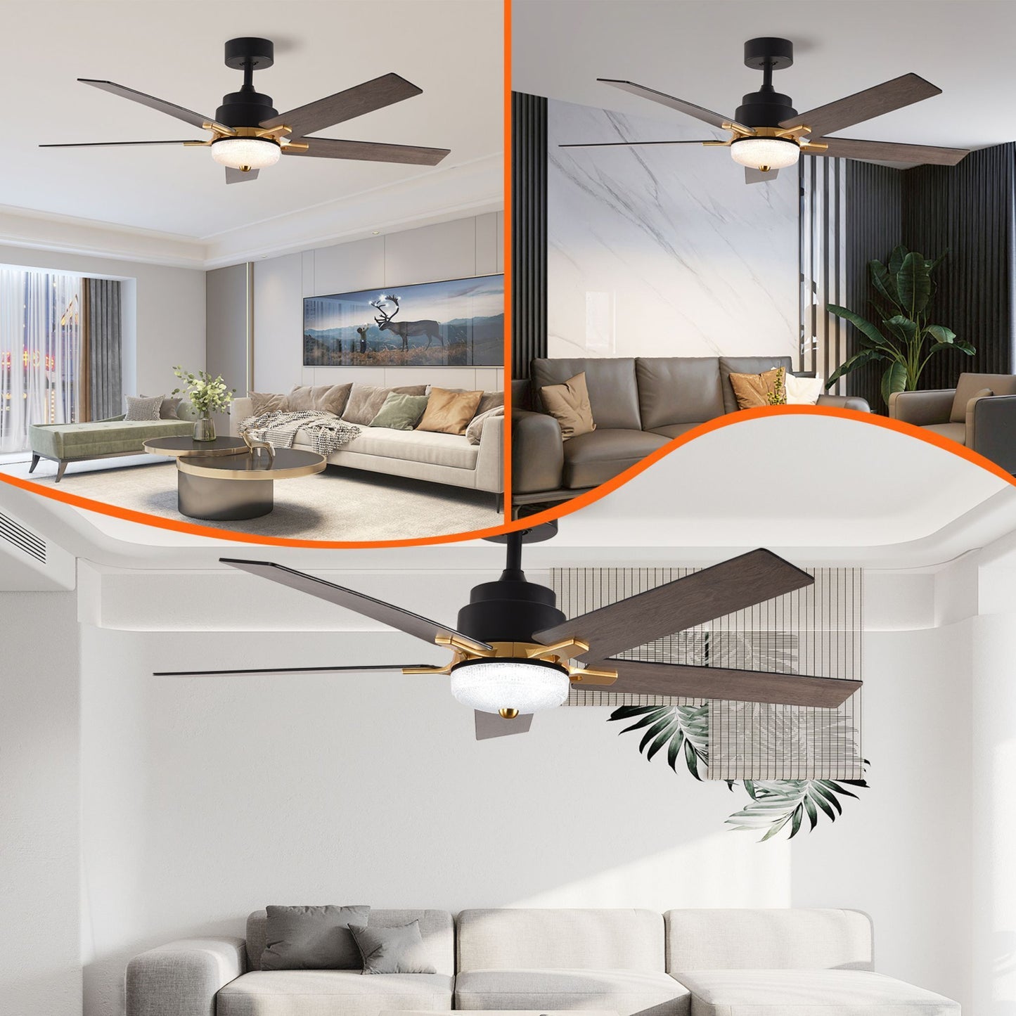 Set of 2 Modern Black Ceiling Fans with Lights and Remote Control for Bedroom and Living Room