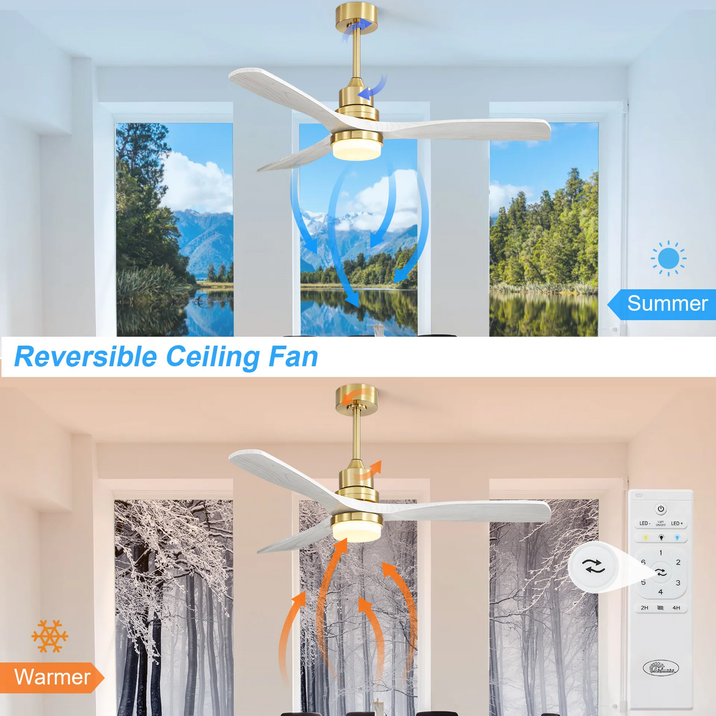 52-Inch Gold Indoor Ceiling Fan With LED Light and Remote Control