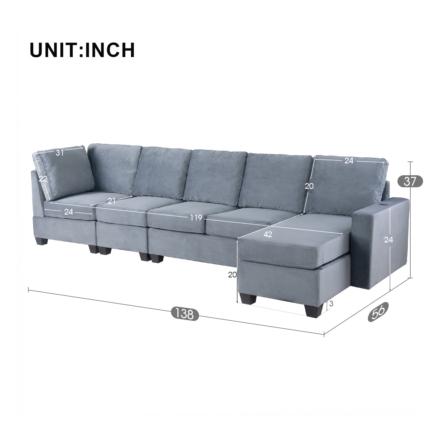 138*57 Modern L shape Sectional Sofa with Convertible Chaise Lounge