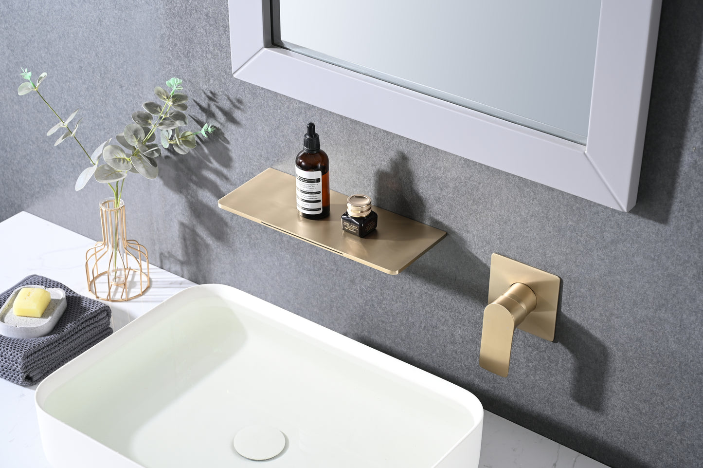 Modern Brushed Gold Waterfall Wall Mounted Bathroom Sink Faucet