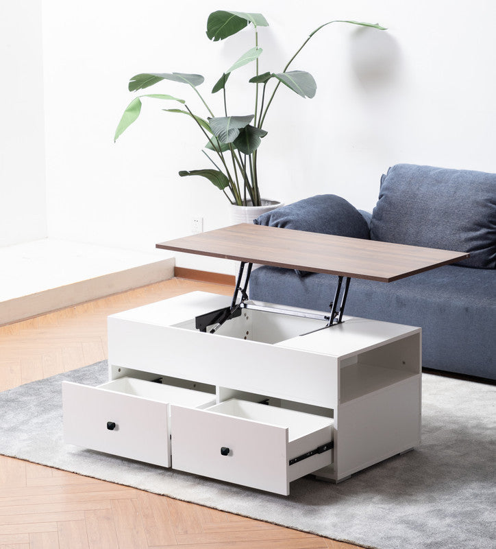 Luna White Coffee Table with Walnut Finish Lift Top, 2 Drawers, and 2 Shelves for Stylish Organization