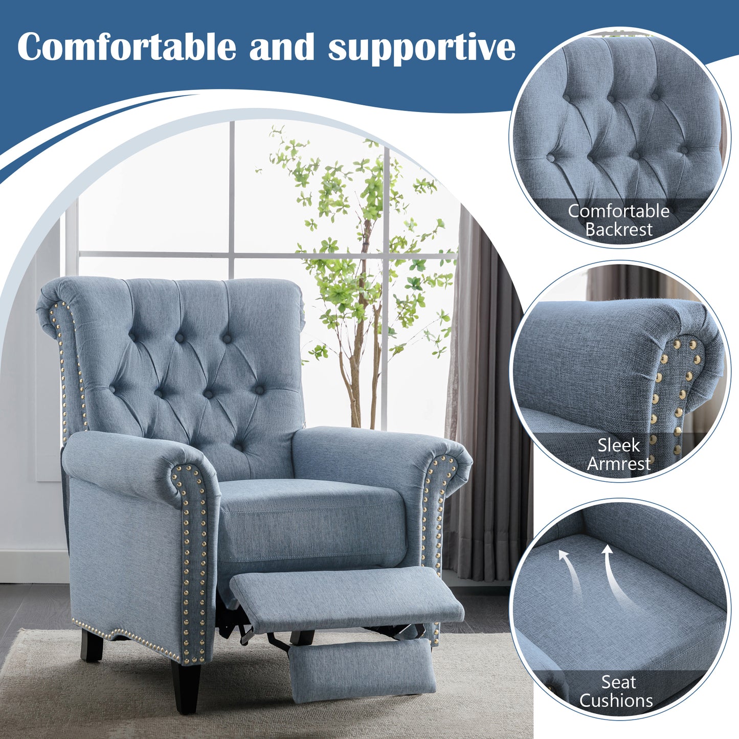 Luxurious Blue Linen Recliner with Pushback Function and Nailhead Trim