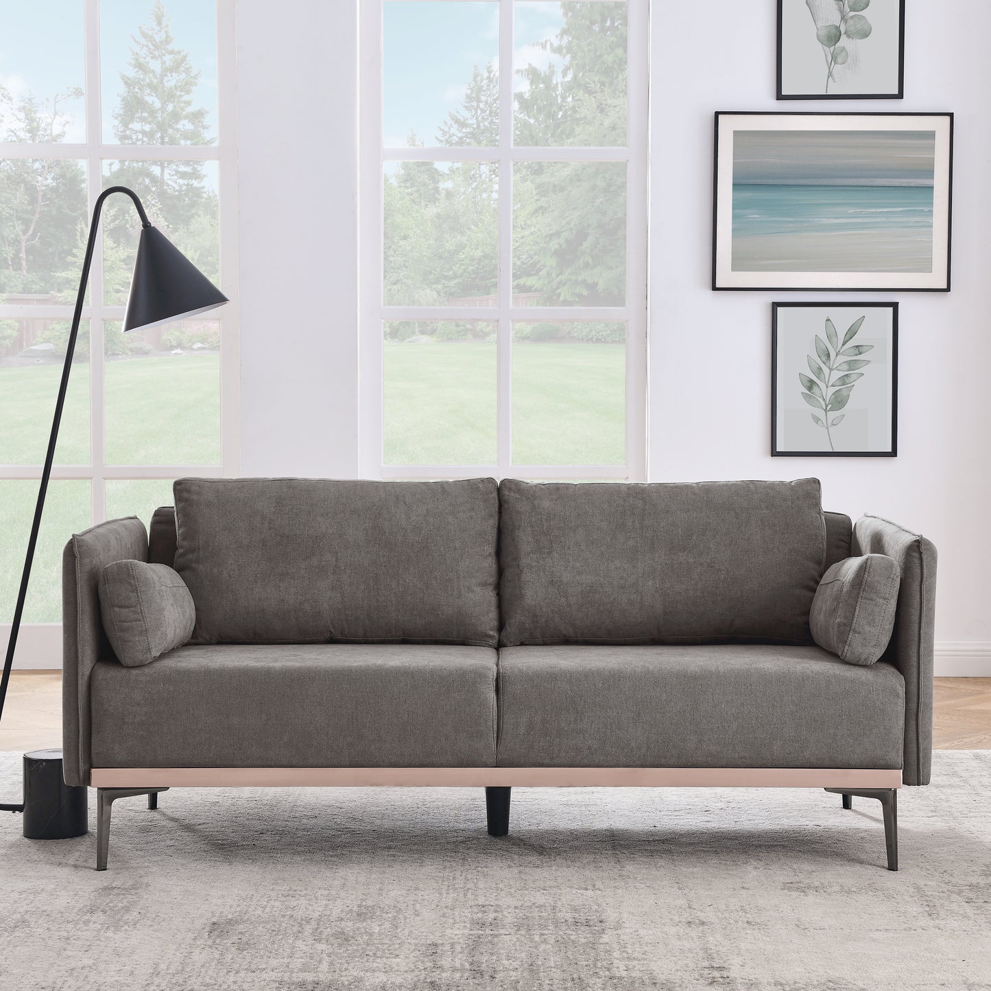 Modern Sofa 3-Seat Couch with Stainless Steel Trim and Metal Legs for Living Room, Grey