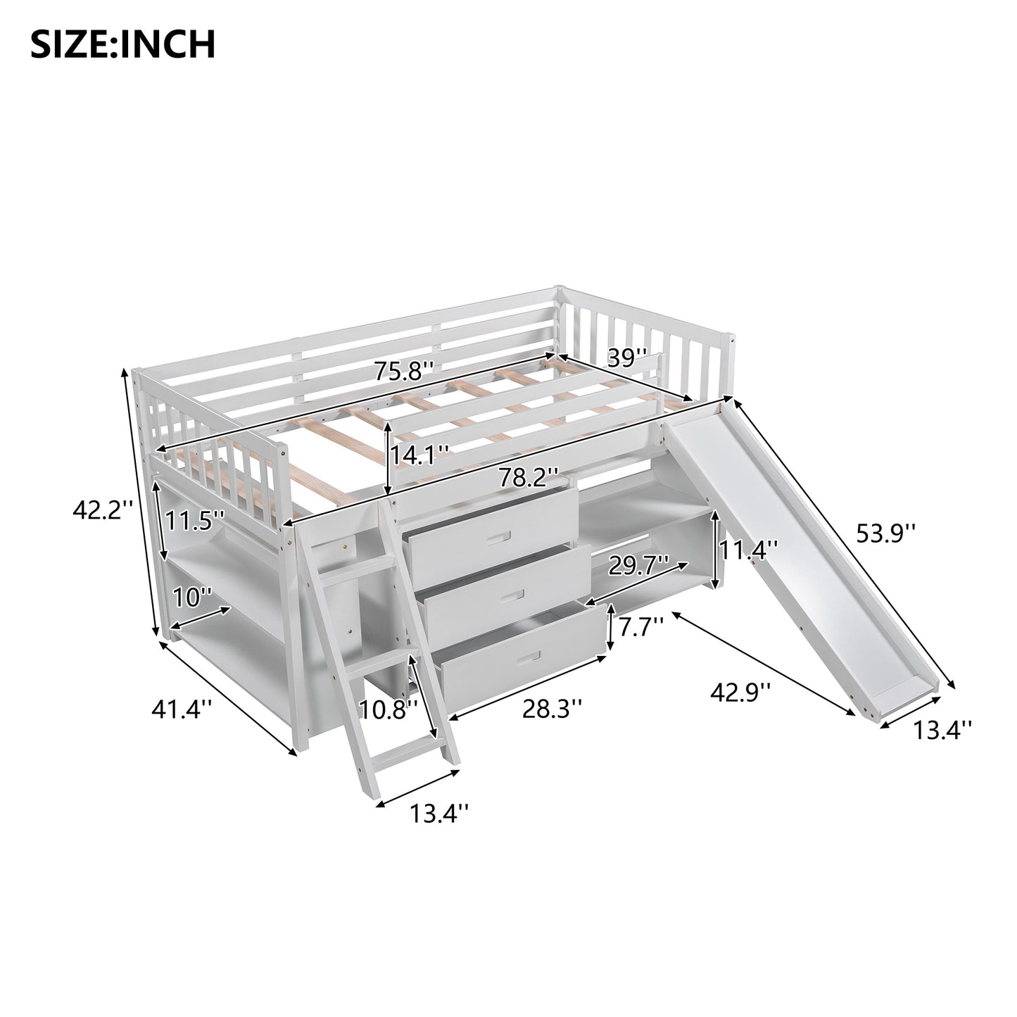 Low Loft Bed with Attached Bookcases and Separate 3-tier Drawers,Convertible Ladder and Slide,Twin,White